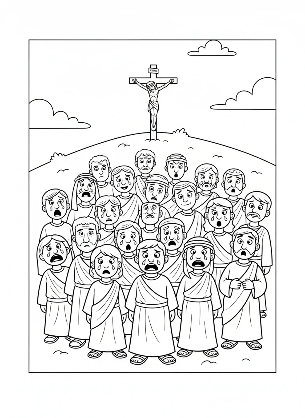 Multidão de espectadores, página para colorir da Crucificação com Três Cruzes na Colina para crianças de 5 a 10 anos.
