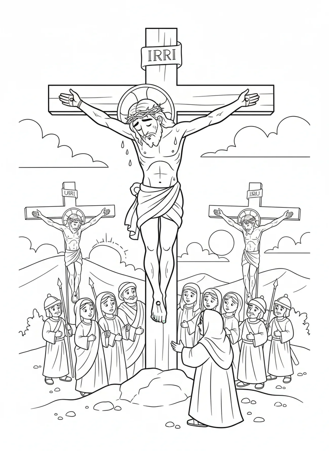 Jesus falando da cruz, página de colorir da Crucificação com Três Cruzes na Colina para crianças de 5 a 10 anos.