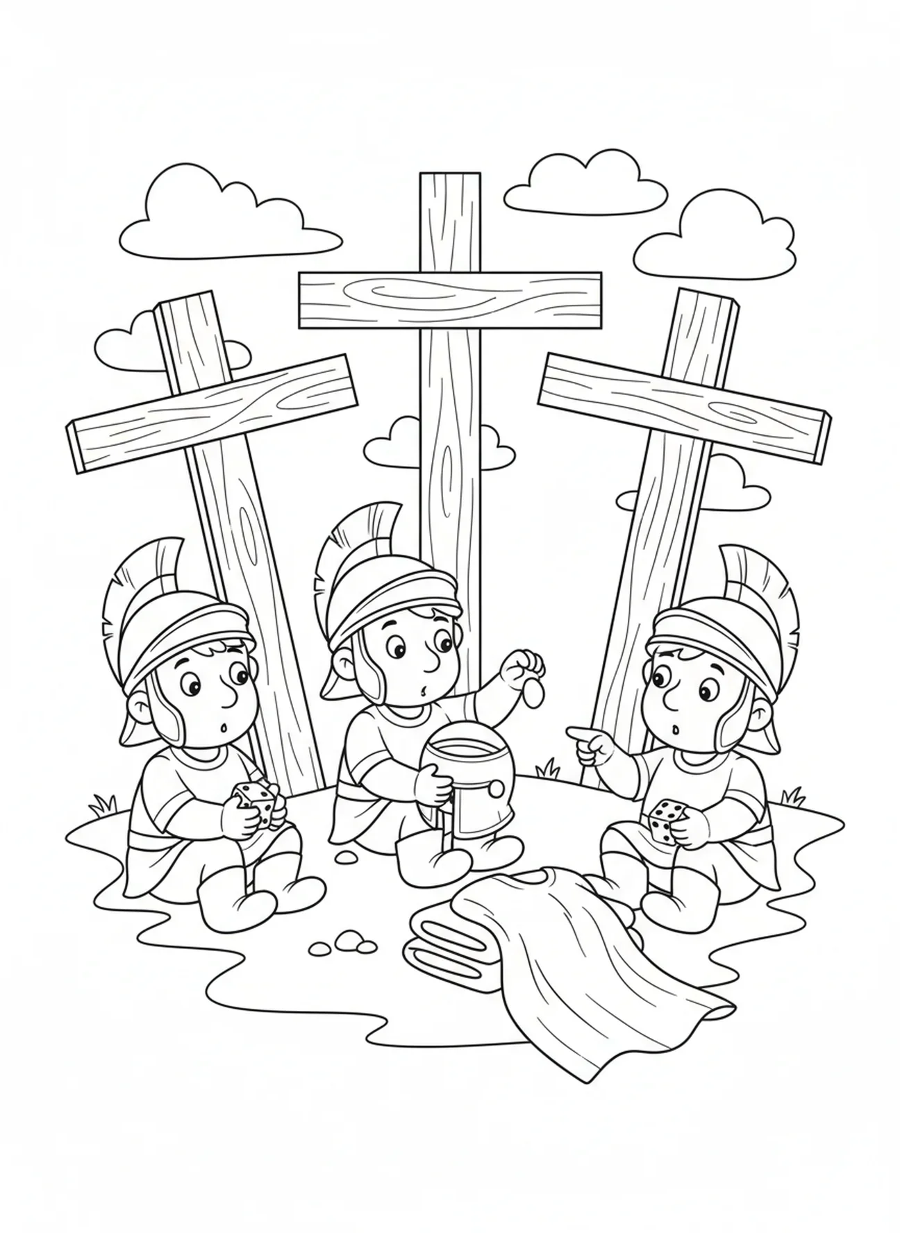 Soldados jogando para as roupas, página de colorir da Crucificação Três Cruzes no Monte para crianças de 5 a 10 anos.