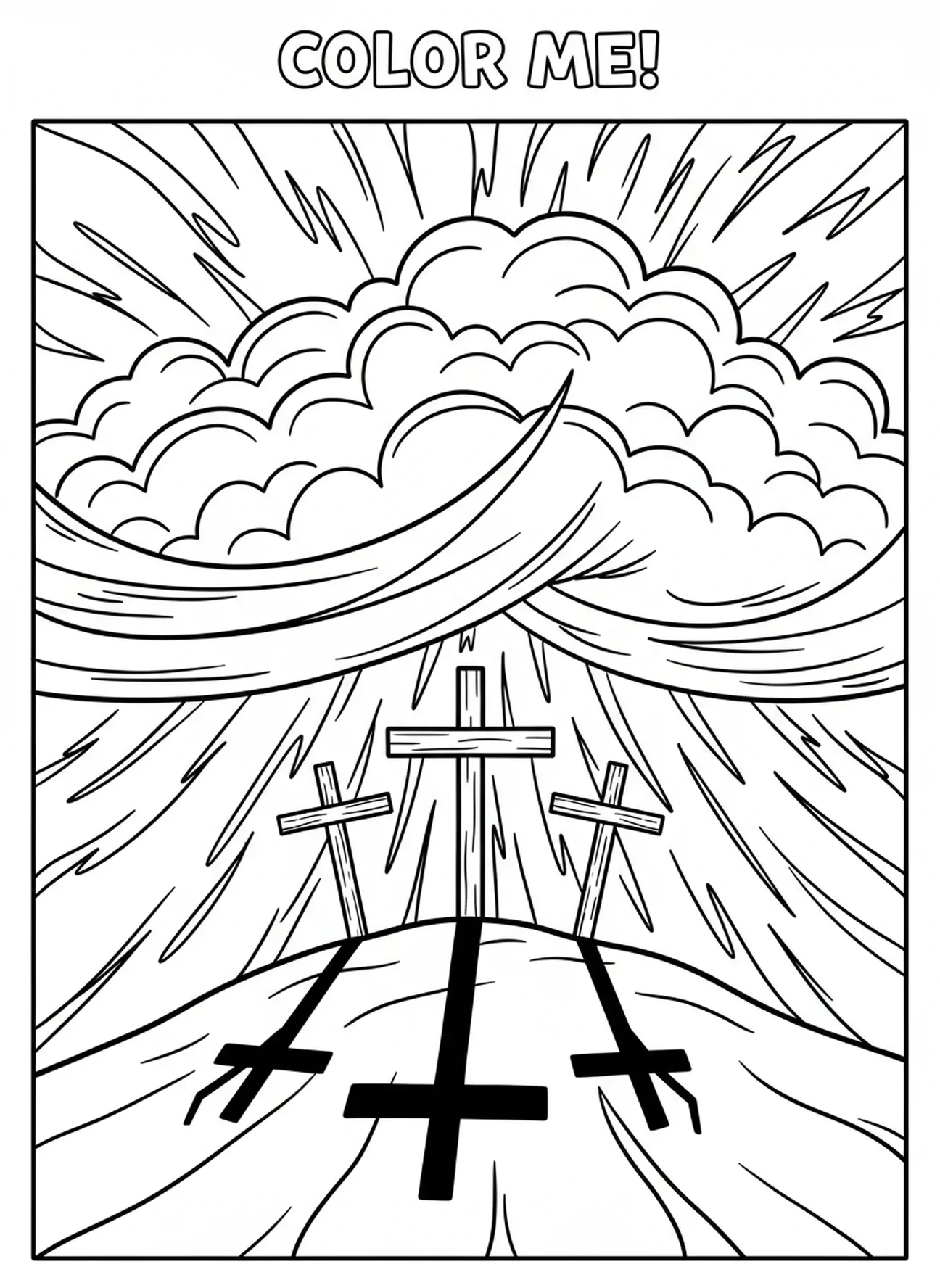 Céu escurecendo sobre as cruzes, página para colorir da Crucificação Três Cruzes na Colina para crianças de 5 a 10 anos.