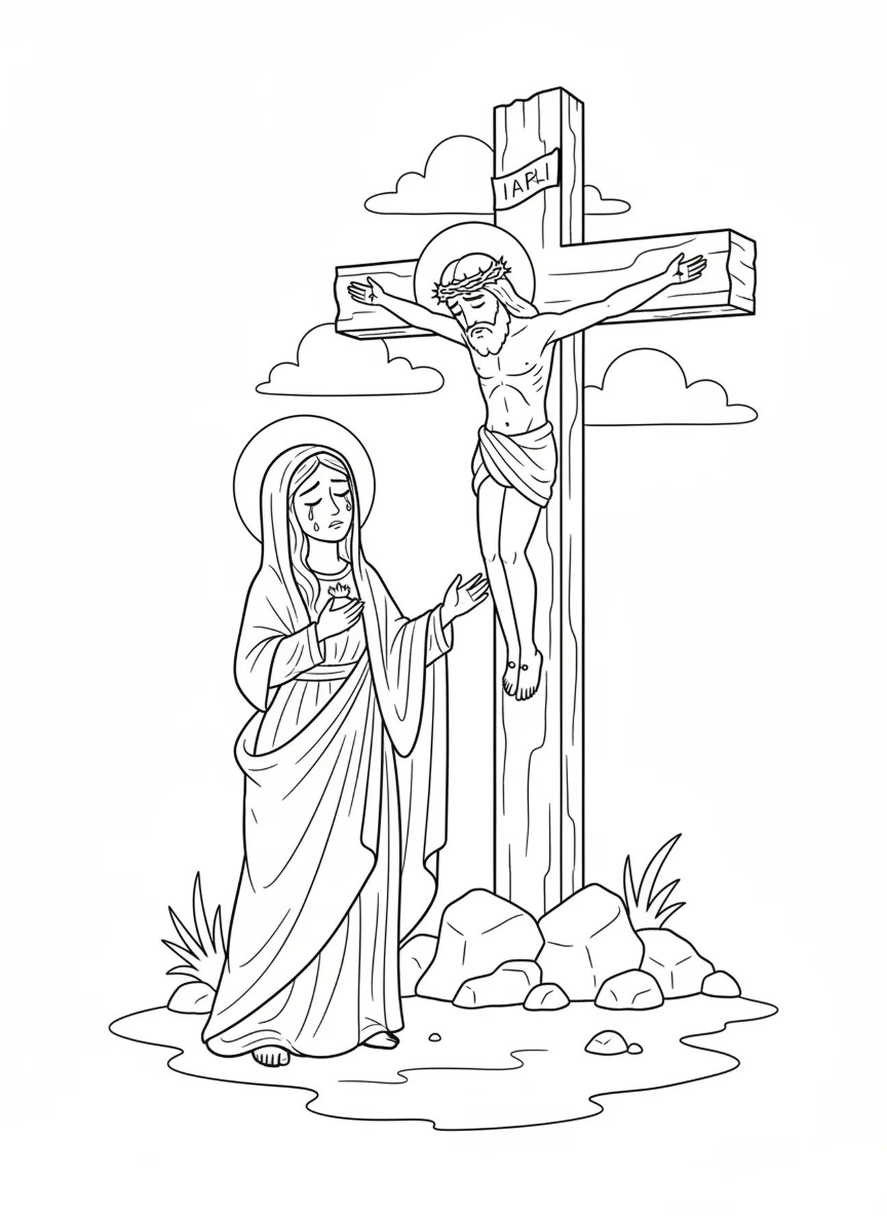 Mulher chorando ao pé da cruz, página para colorir da Crucificação Três Cruzes Colina para crianças de 5 a 10 anos.