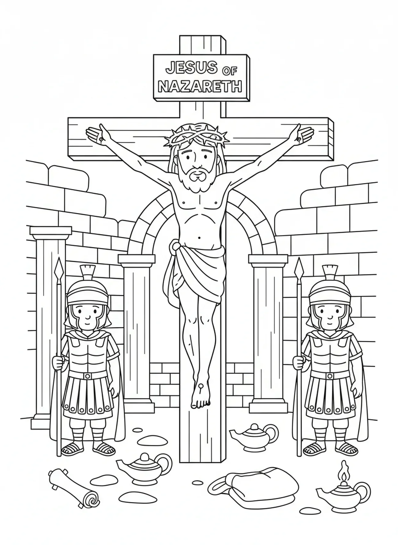 Jezus na krzyżu, kolorowanka z ukrzyżowaniem Trzech Krzyży na Wzgórzu dla dzieci w katechezie w wieku 5-12 lat.