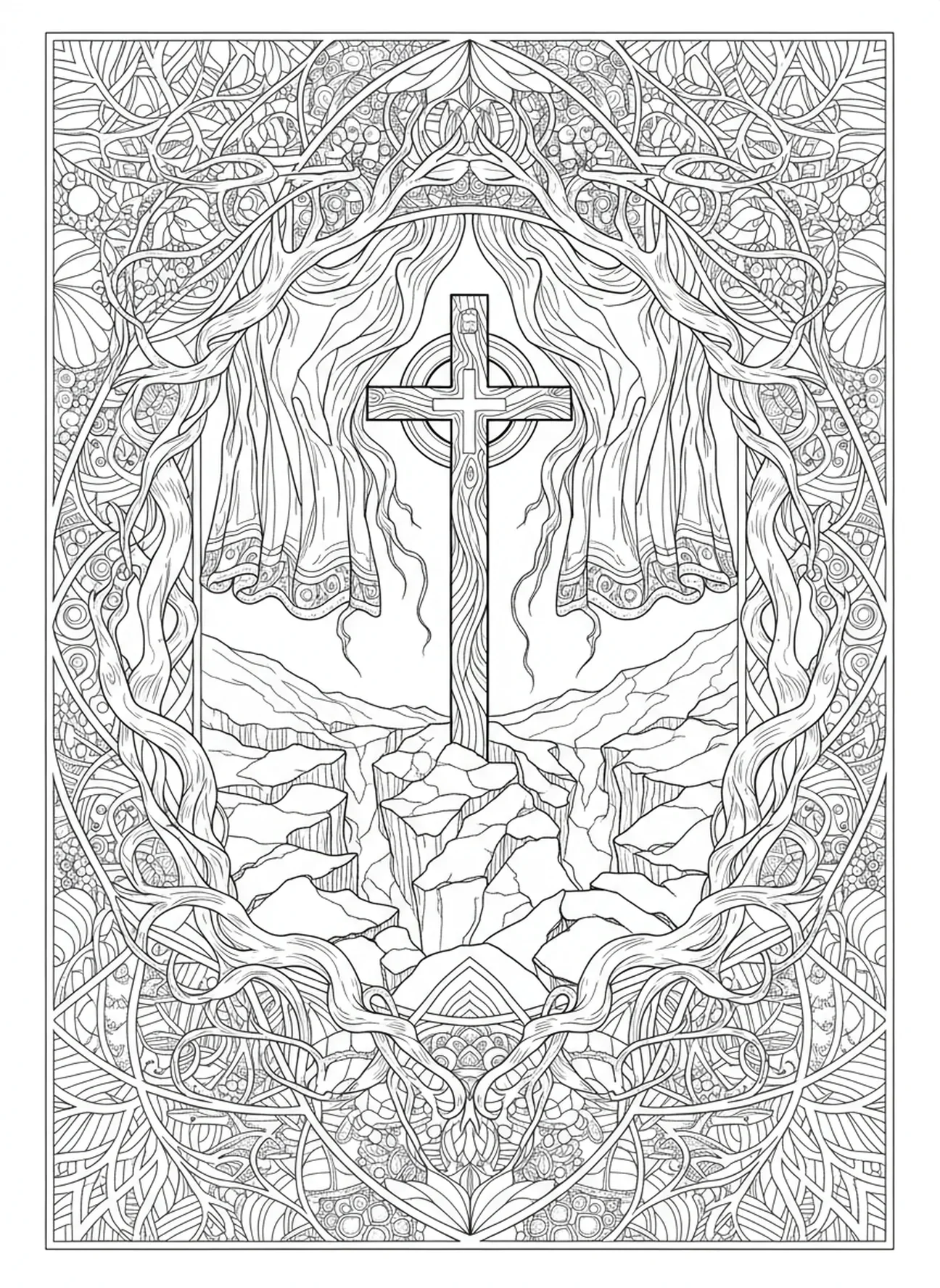 Tremblement de terre à la crucifixion, page à colorier sur la crucifixion pour le journaling biblique pour adultes
