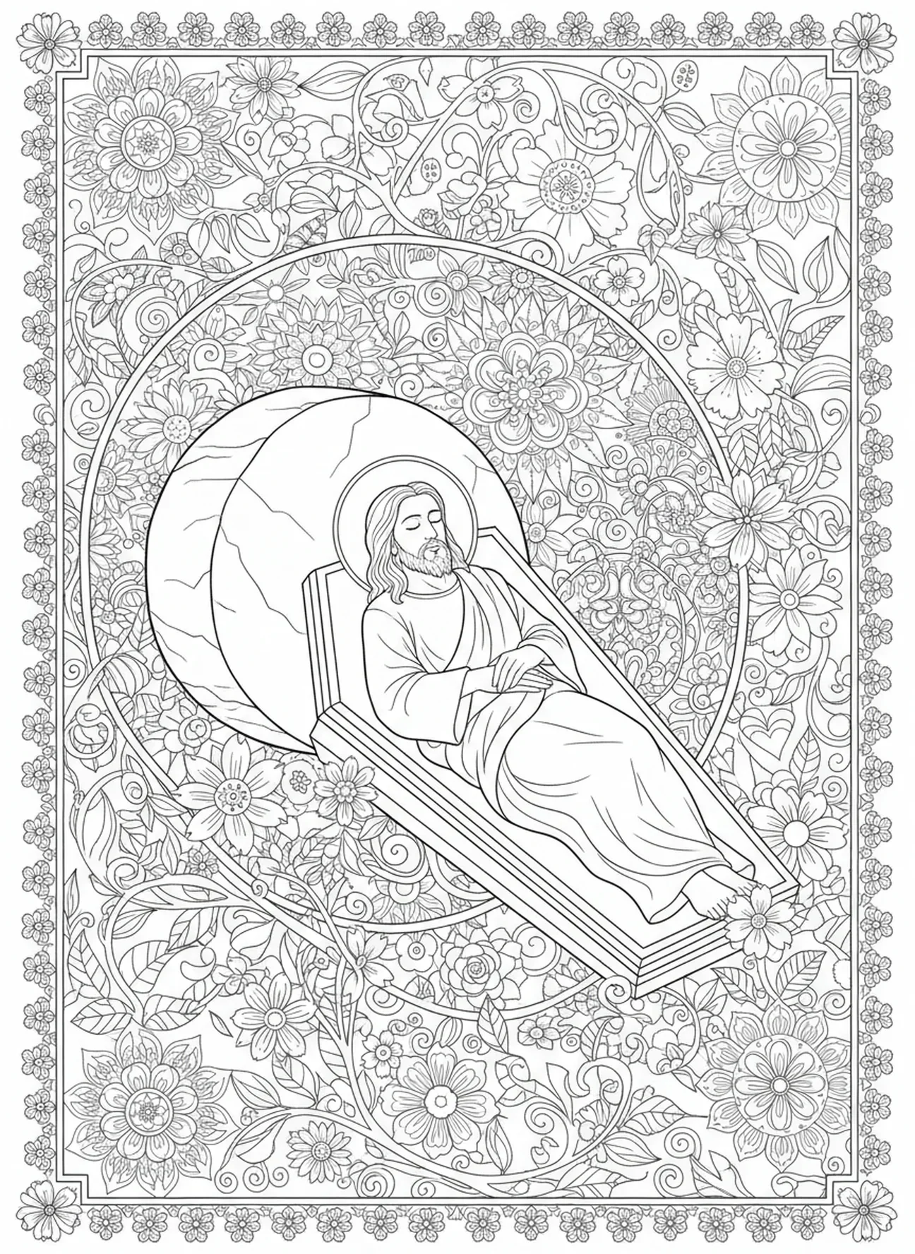 Jésus enseveli dans le tombeau, page à colorier Crucifixion pour adultes dans le style du journal biblique