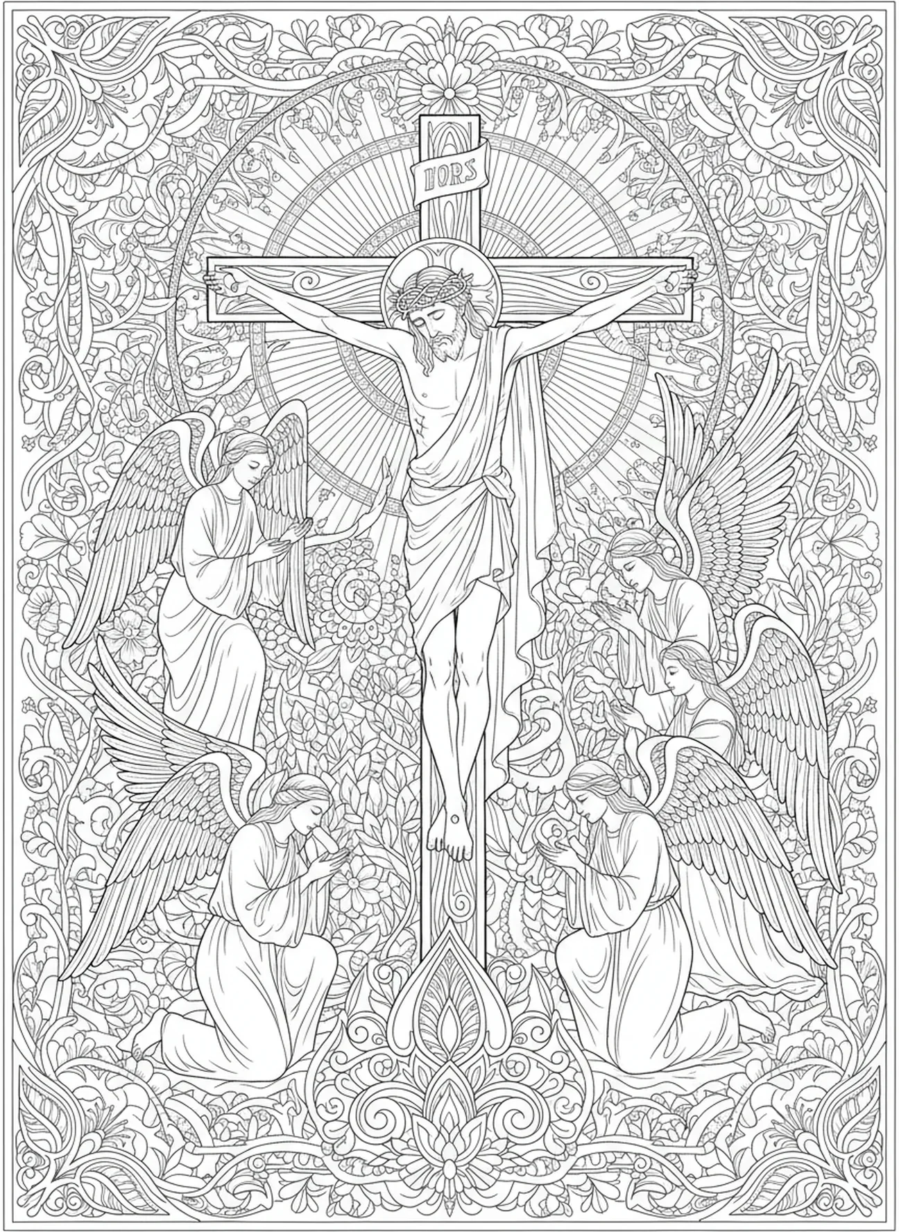 Jésus mourant sur la croix, page à colorier Crucifixion pour adultes dans un style de journal biblique