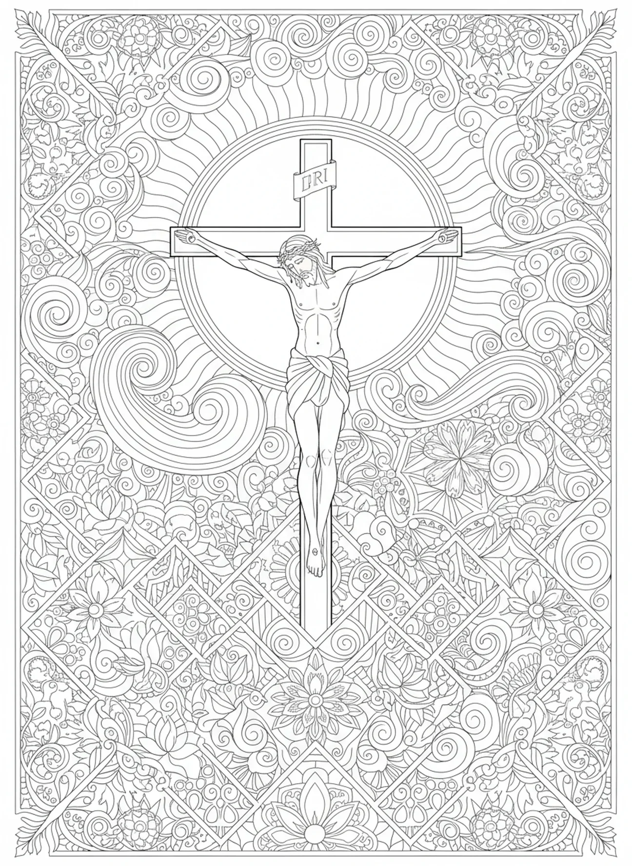 Jésus cloué sur la croix, page à colorier Crucifixion pour adultes dans le style du journal biblique