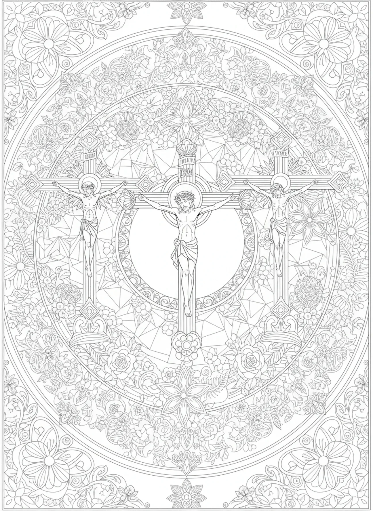 Deux voleurs sur des croix, page à colorier de la Crucifixion pour adultes dans le style du journal biblique
