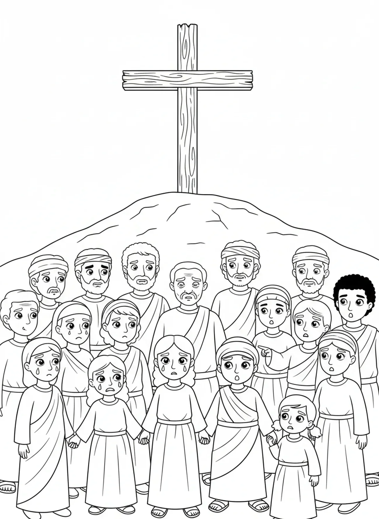 Menschenmenge beobachtet die Kreuzigung, Ausmalbild zur Kreuzigung für Kinder im Alter von 5-10 Jahren