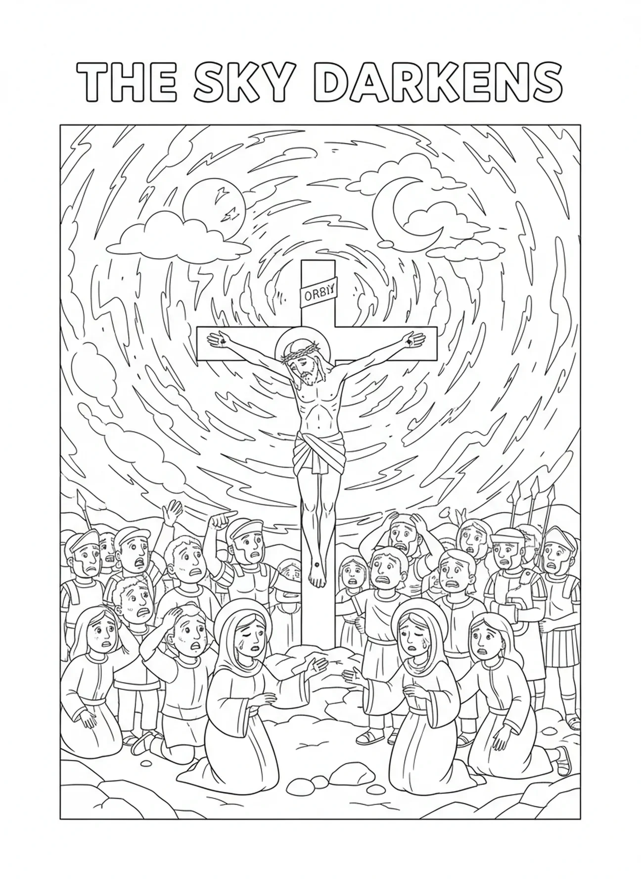 Dunkler Himmel während der Kreuzigung, Ausmalbild zur Kreuzigung für Kinder im Alter von 5-10 Jahren