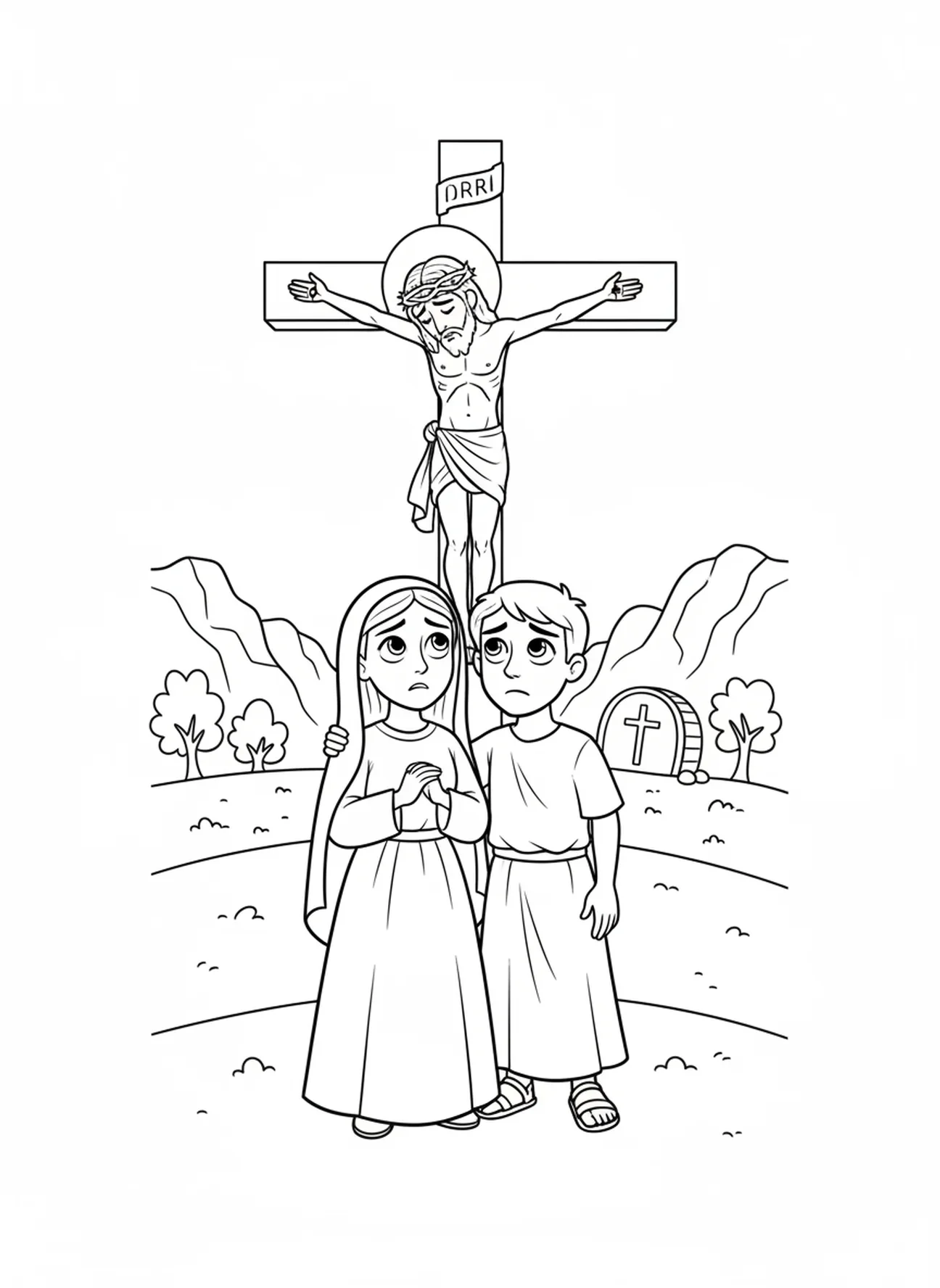 Maria und Johannes, Ausmalbild zur Kreuzigung für Kinder im Alter von 5-10 Jahren