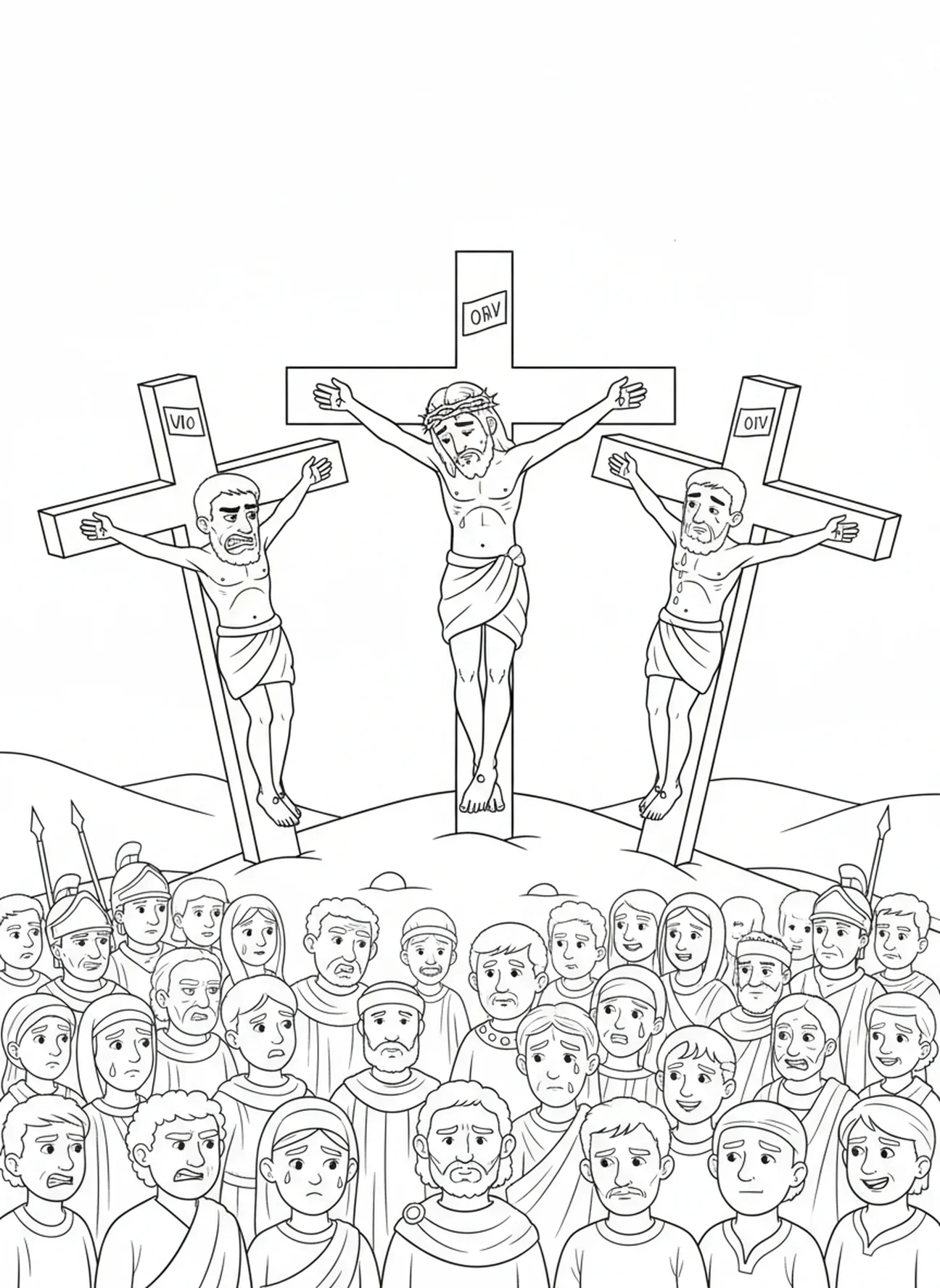 Diebe am Kreuz, Ausmalbild zur Kreuzigung für Kinder im Alter von 5-10 Jahren
