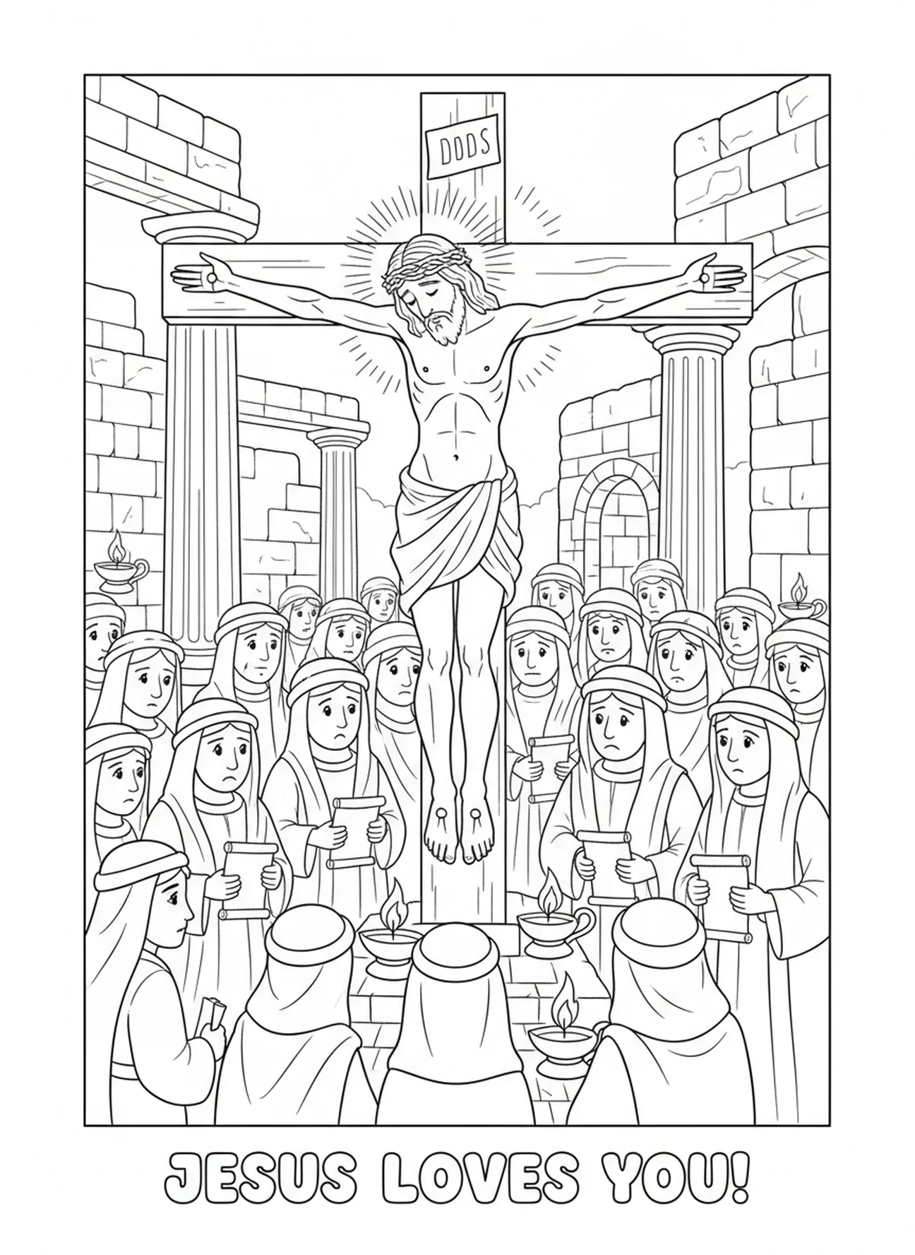 Jesús exhalando su último aliento, página para colorear de la Crucifixión para niños de la Escuela Dominical de 5 a 12 años