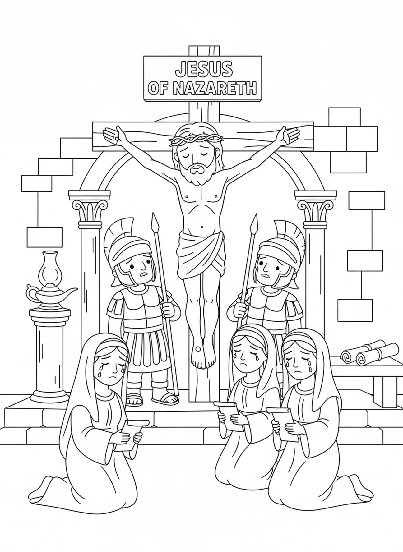 Jesús en la cruz, página para colorear de la Crucifixión para niños de Escuela Dominical de 5 a 12 años
