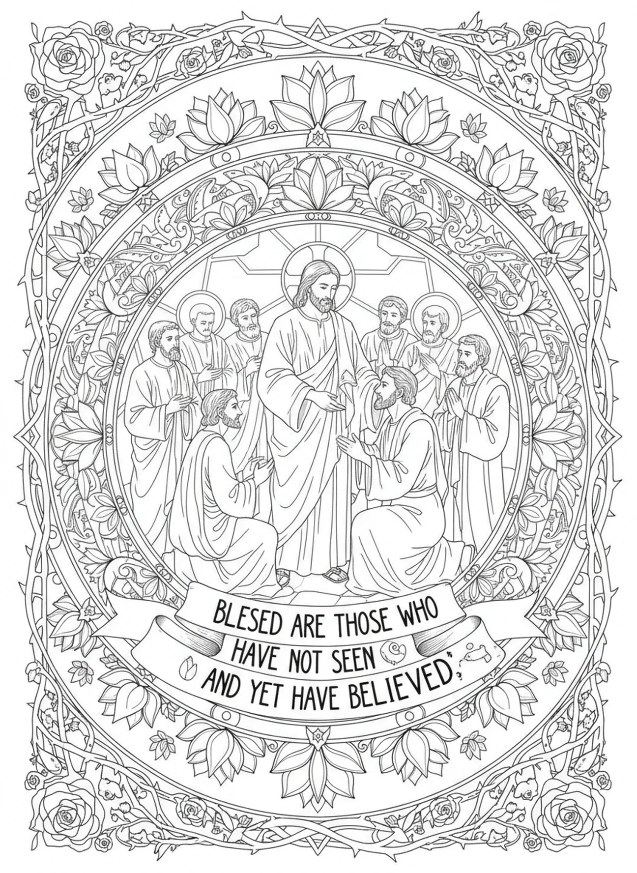 Jesus segnet Thomas und die Jünger, Ausmalbild für Erwachsene im Stil des Bibel-Journalings über den zweifelnden Thomas.