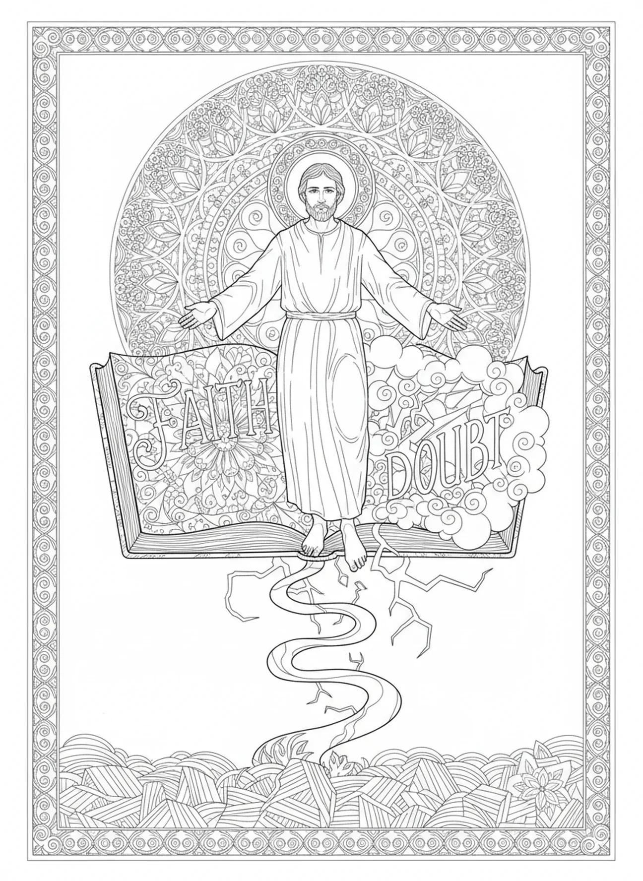 Symbolischer Glaube und Zweifel mit Thomas, Ausmalbild von dem zweifelnden Thomas im Stil des Bibel-Journalings für Erwachsene.