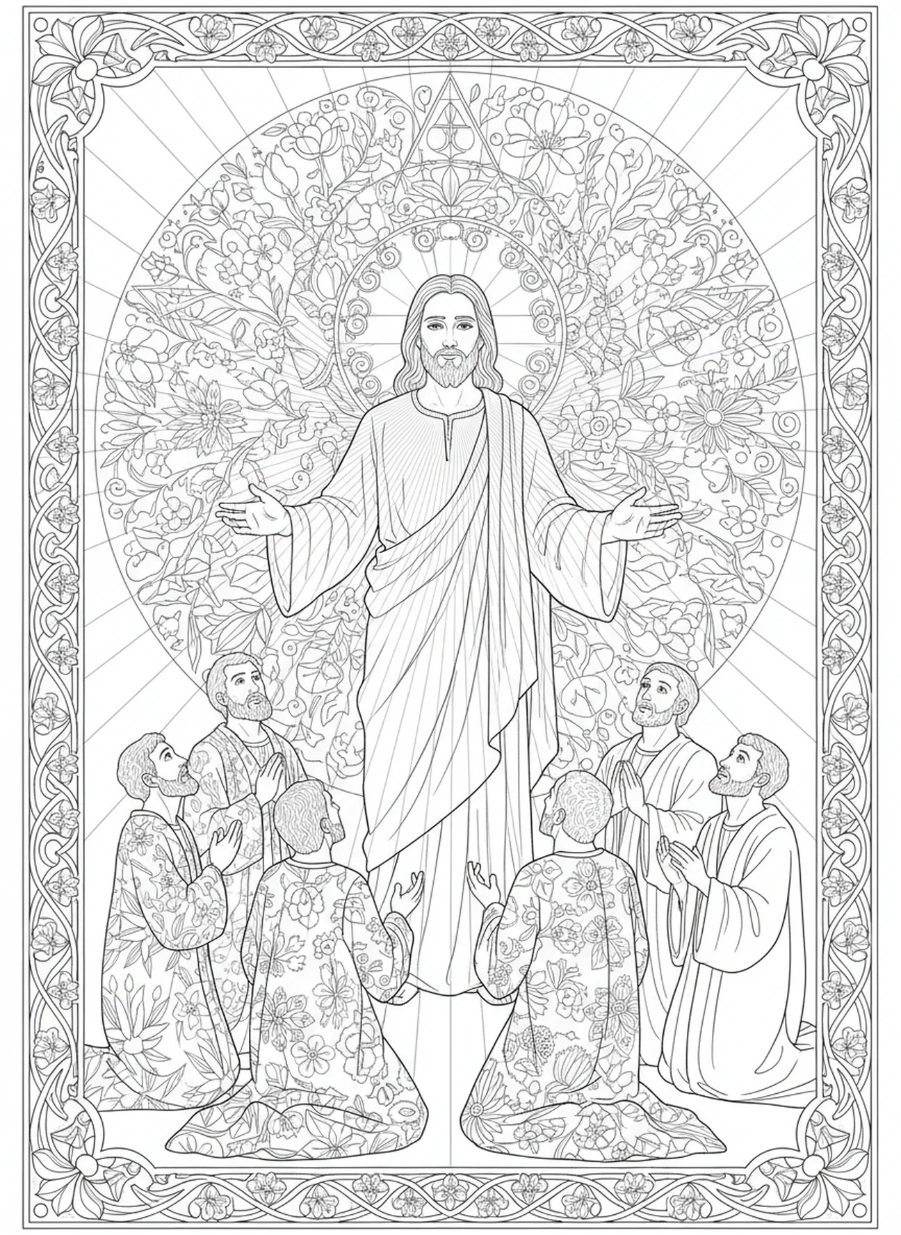 Strahlender Jesus erscheint, Farbseite für Erwachsene mit dem zweifelnden Thomas im Stil des Bibel-Journalings.