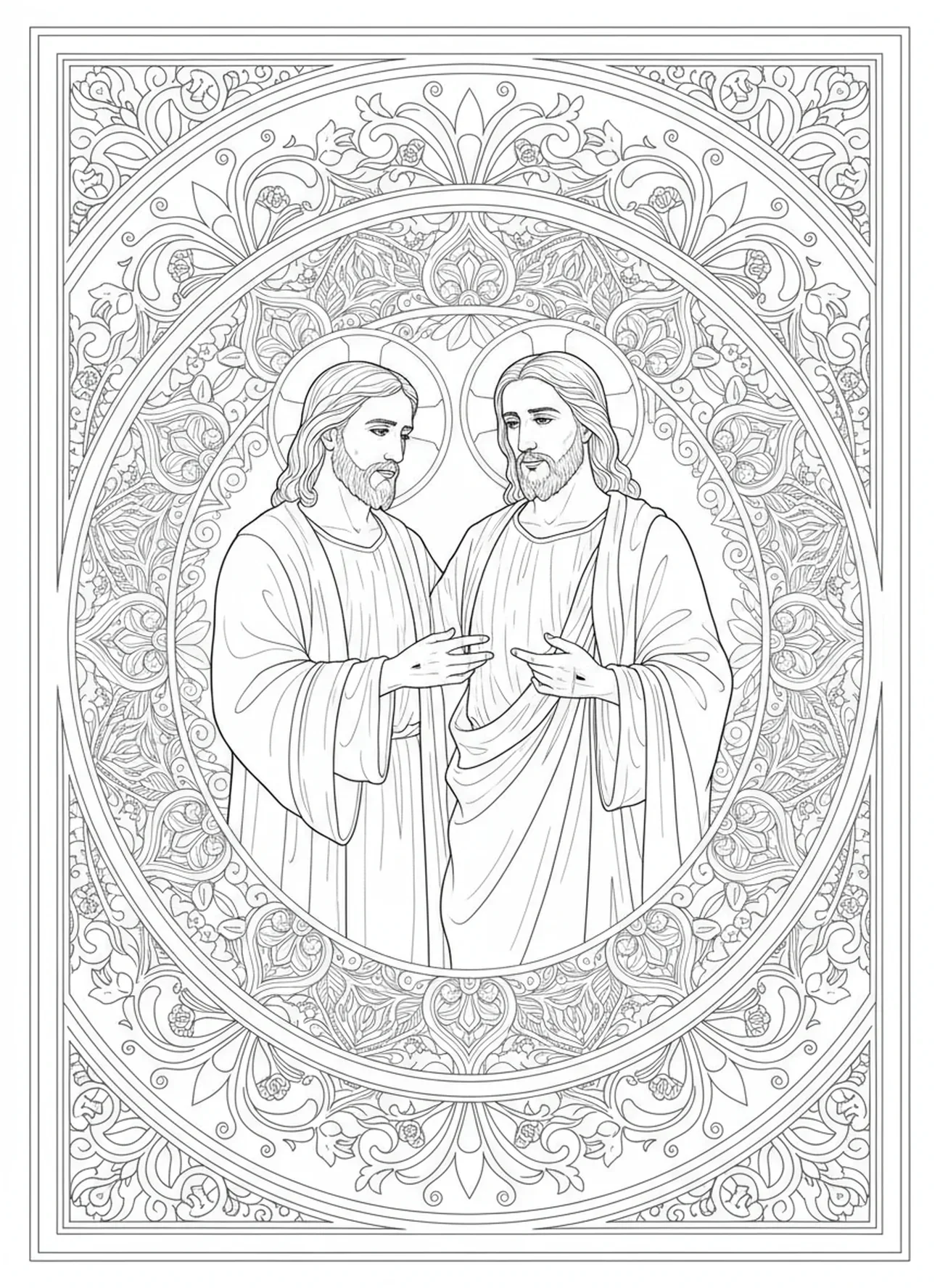 Thomas berührt die Wunden Jesu, Ausmalbild von dem zweifelnden Thomas im Stil des Bibel-Journalings für Erwachsene.
