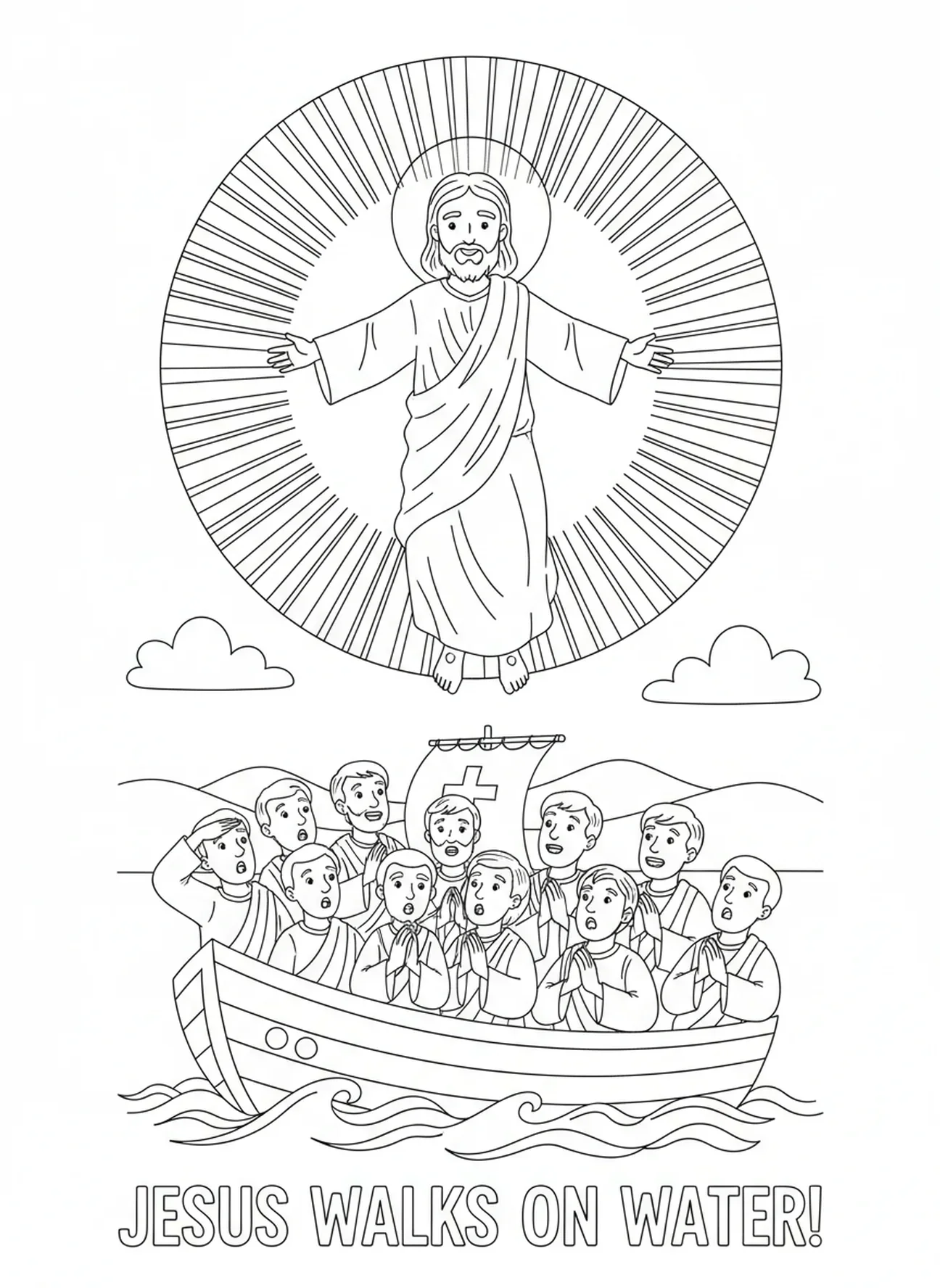 Jesus über den Jüngern, Ausmalbild von dem zweifelnden Thomas für Kinder im Alter von 5-10 Jahren