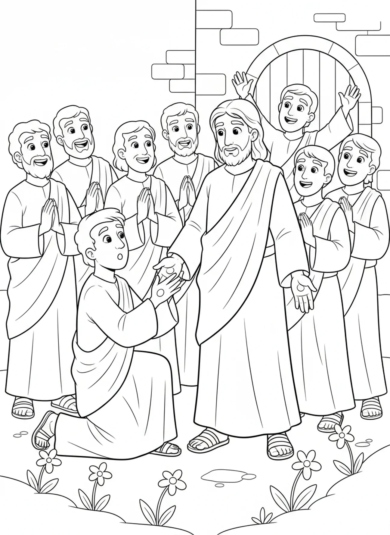 Thomas berührt Jesus, Ausmalbild für zweifelnden Thomas für Kinder im Alter von 5-10 Jahren