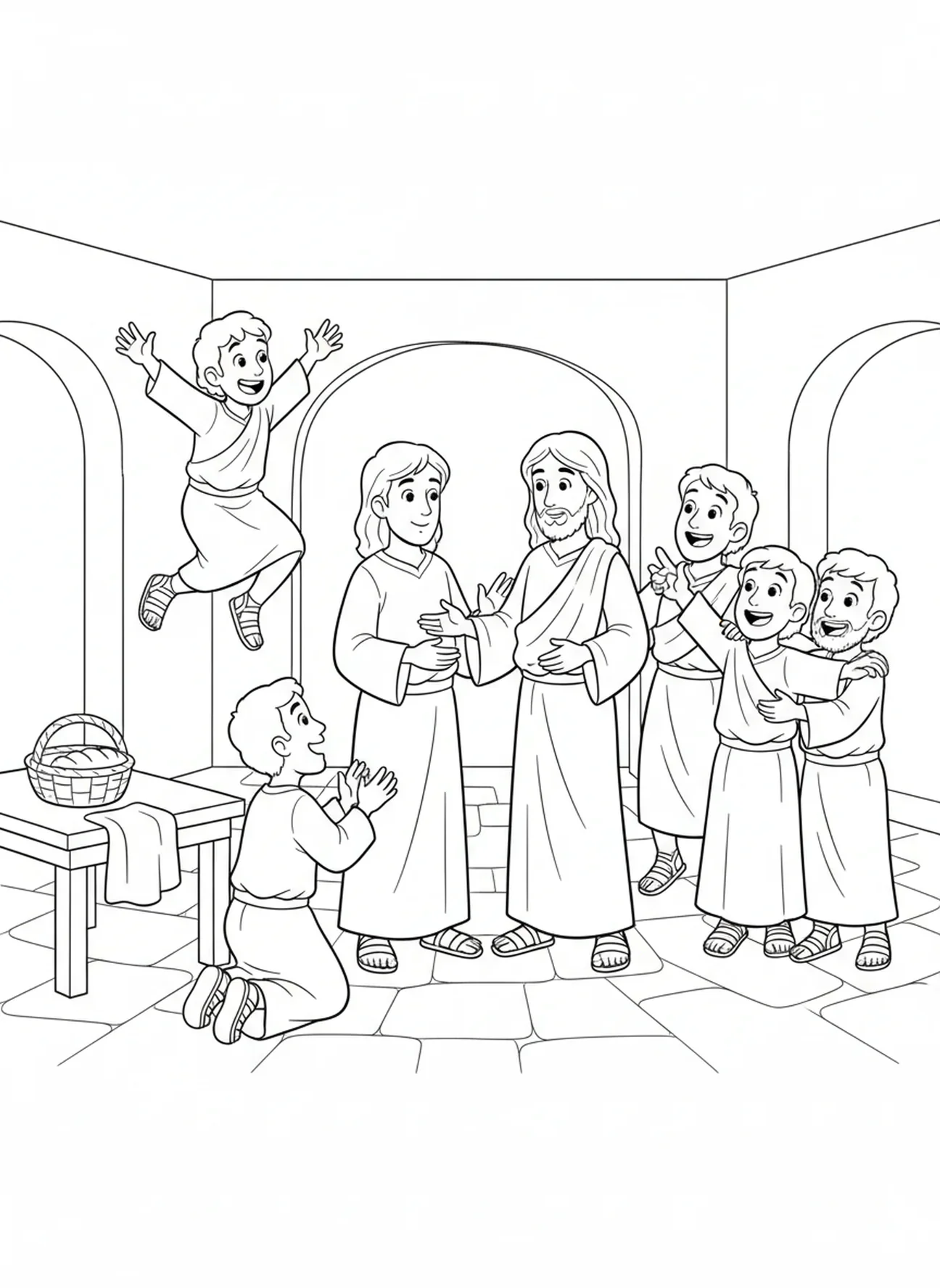 Thomas mit den Jüngern, Ausmalbild von dem zweifelnden Thomas für Kinder im Alter von 5-10 Jahren