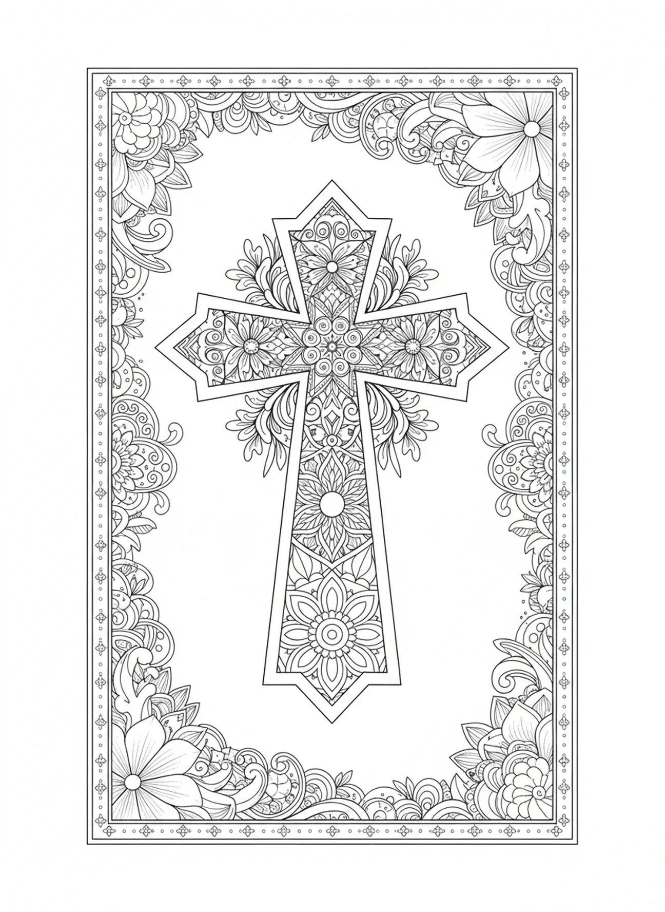 Aufwendig gestaltetes Kreuz, Ausmalbild mit Osterkreuz und Blumen für Erwachsene im Stil des Bibel-Journaling.