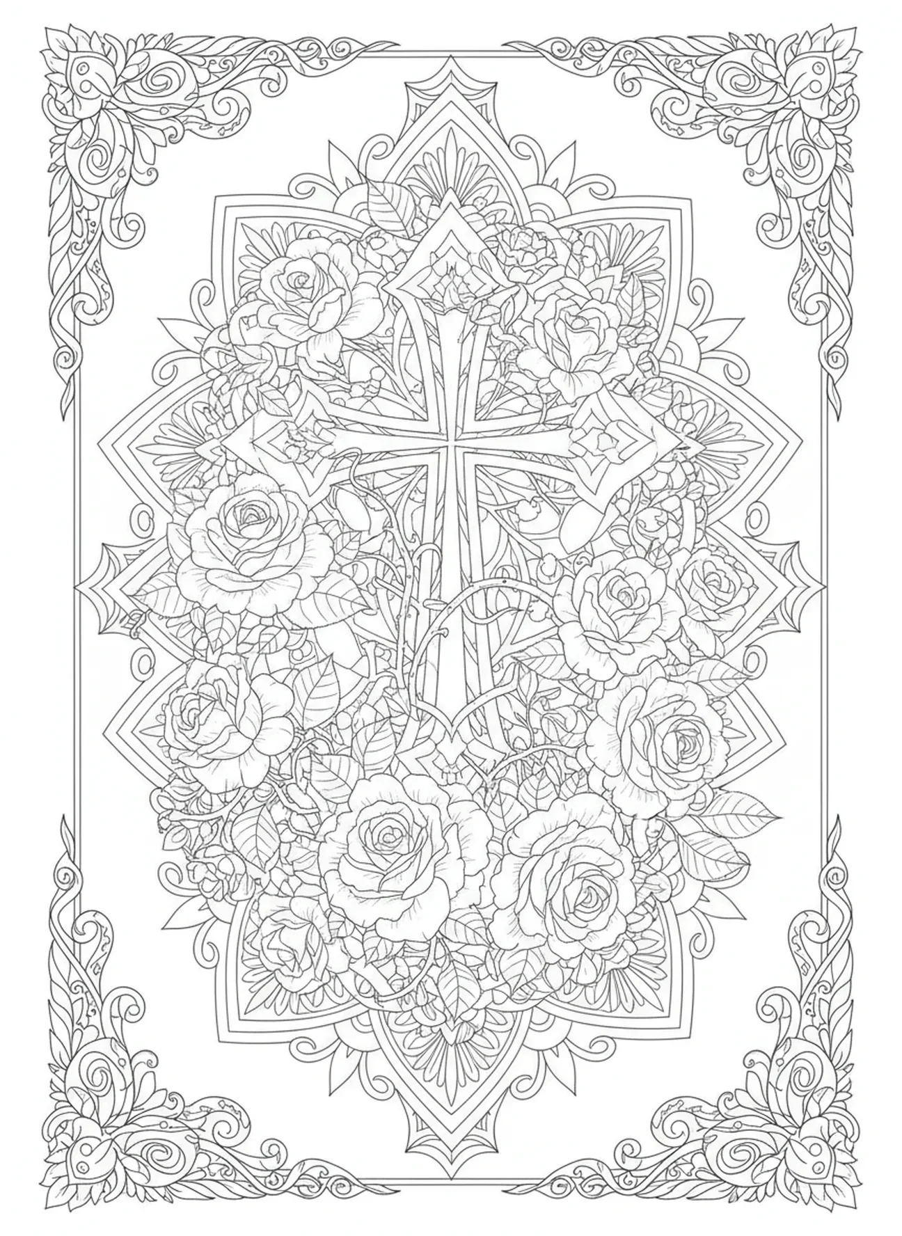 Wunderschönes Kreuz mit Rosen, Ausmalbild für Erwachsene im Stil des Bibeljournaling zu Ostern.