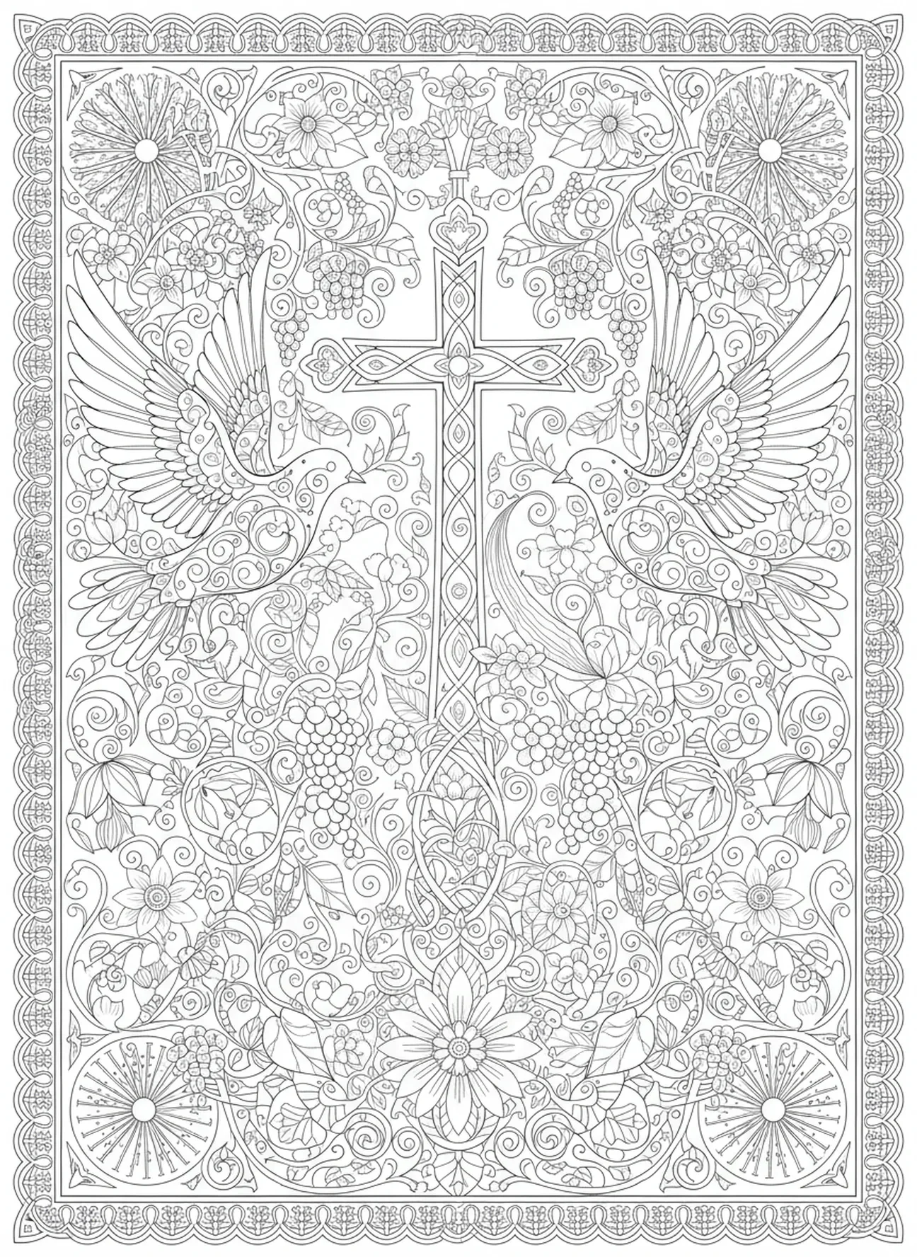 Kreuz, flankiert von Tauben, Ausmalbild für Erwachsene mit Osterkreuzblumen im Bibel-Journaling-Stil.