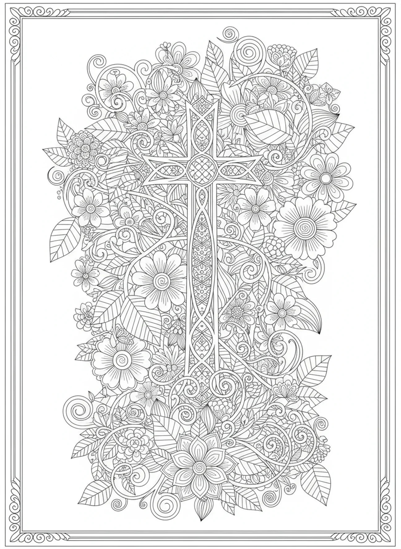 Zentraler Kreuz mit Laub, Ausmalbild für Erwachsene mit Osterkreuzblumen im Bibel-Journaling-Stil.