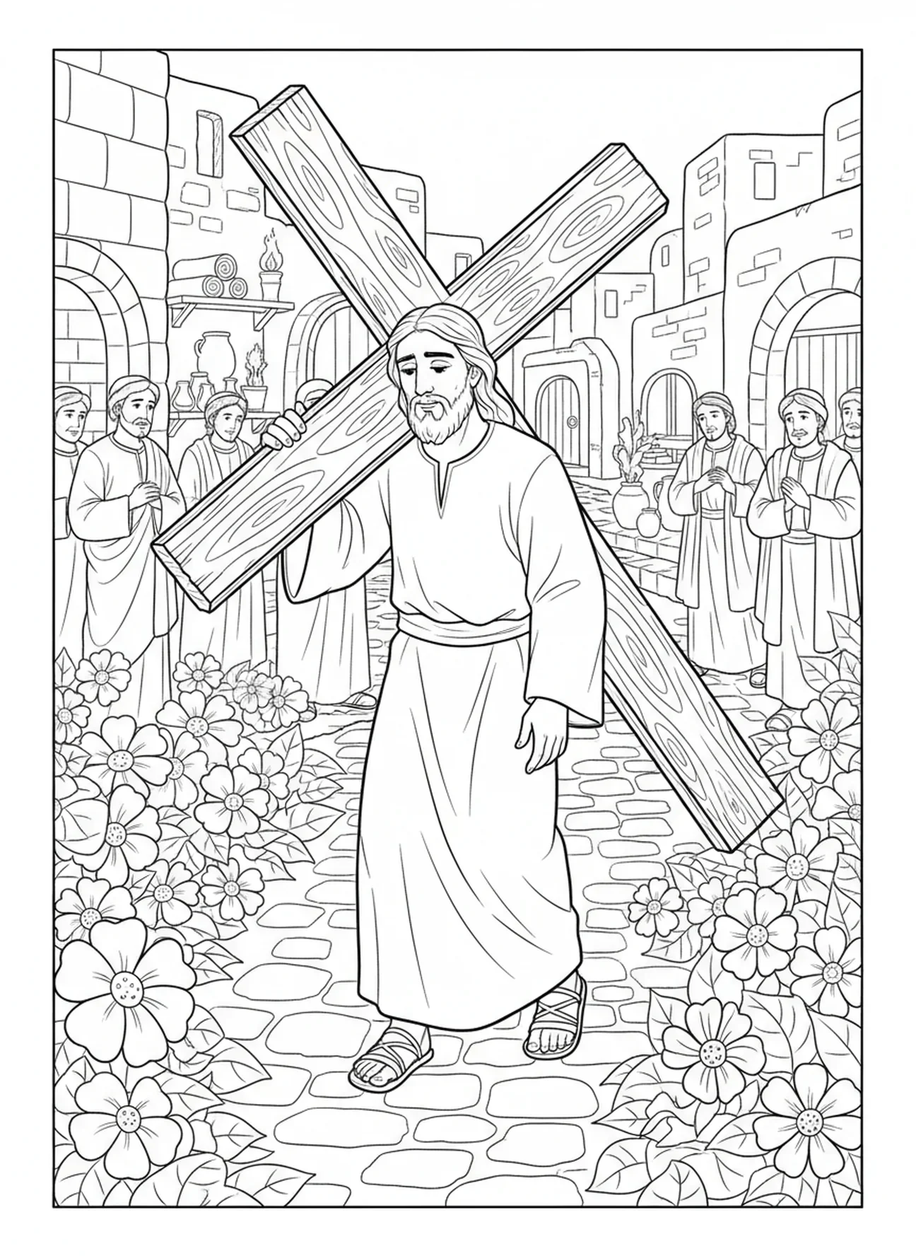 Jesus carregando a cruz, página de colorir da Cruz da Páscoa com flores para crianças da Escola Dominical de 5 a 12 anos.