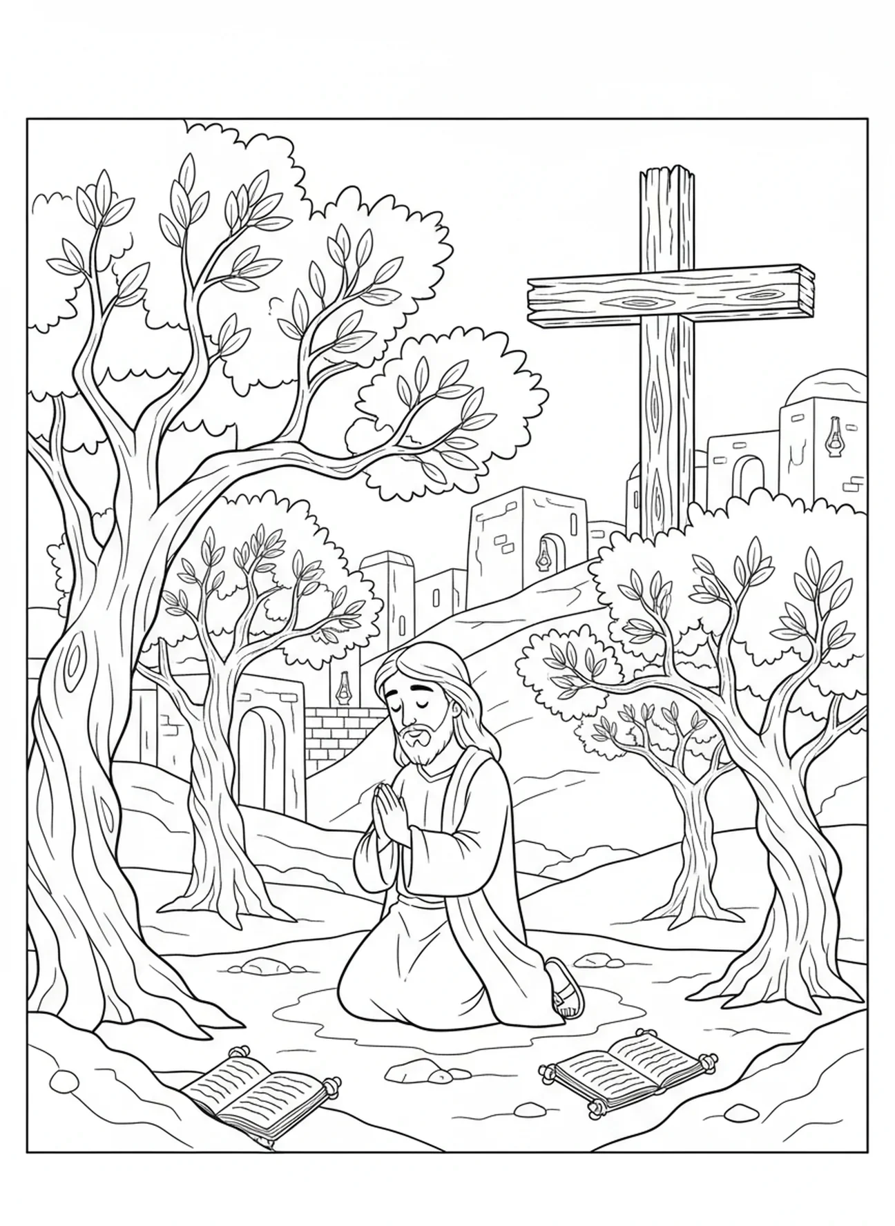 Jesus orando, página de colorir da Cruz da Páscoa com flores para crianças da Escola Dominical de 5 a 12 anos.
