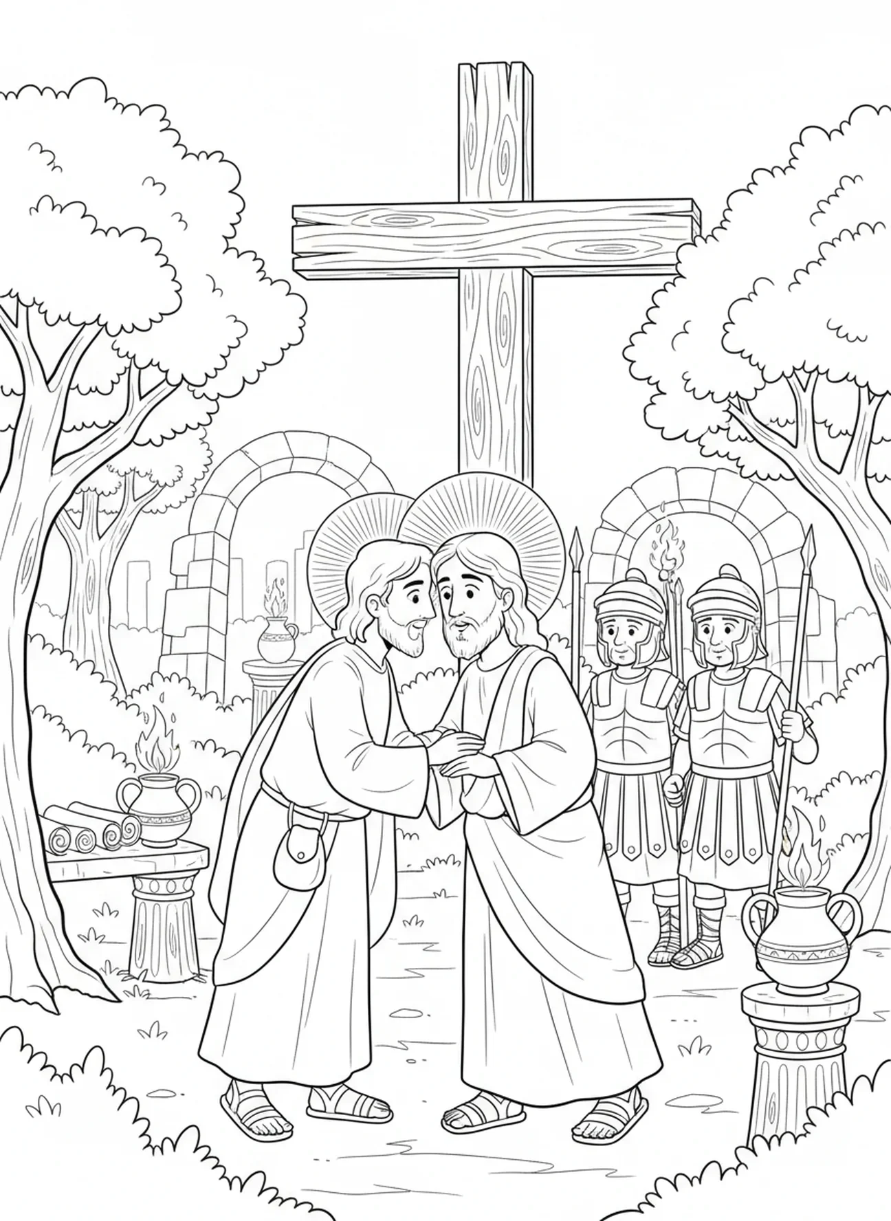 Judas traindo Jesus, página para colorir da Cruz da Páscoa com flores para crianças da Escola Dominical de 5 a 12 anos.