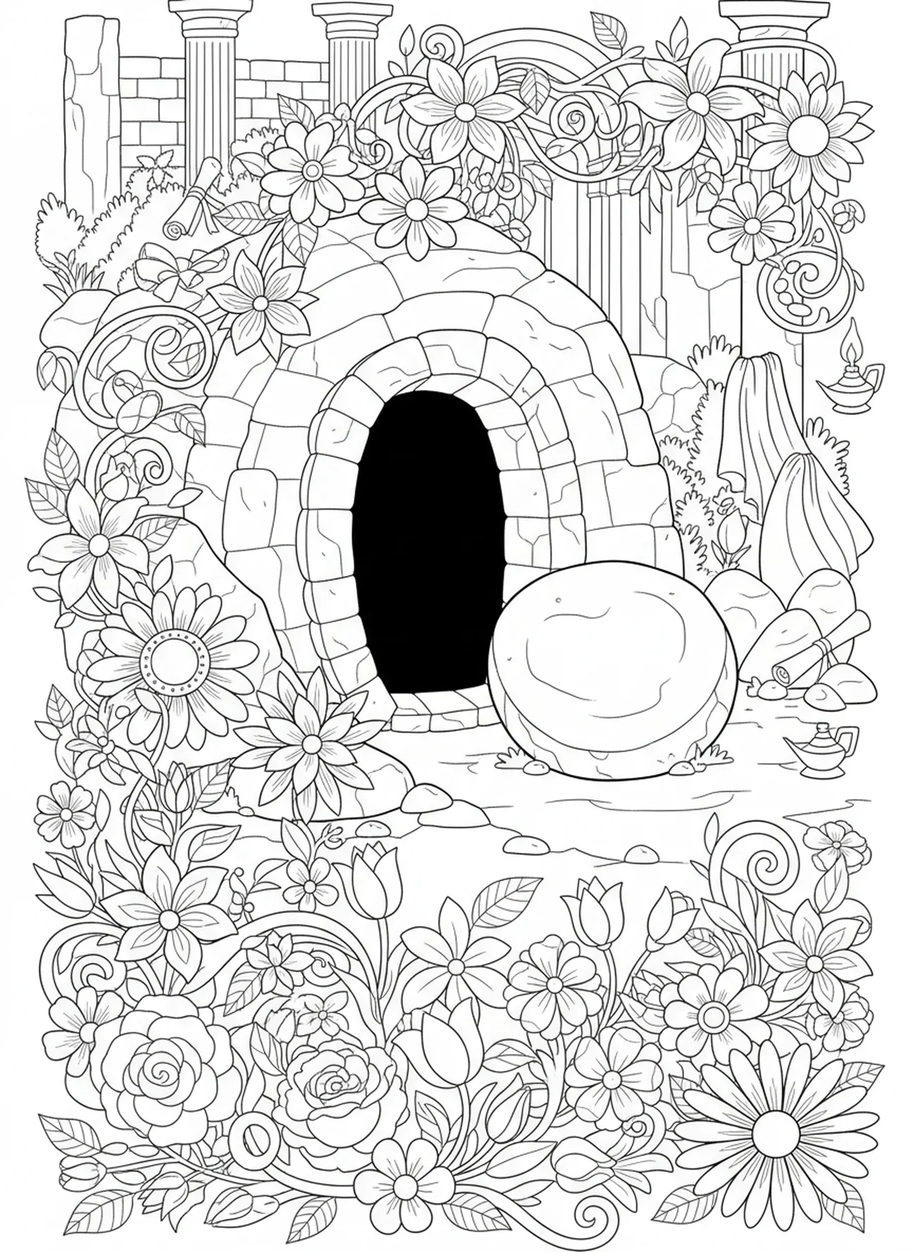 Túmulo vazio com flores, página de colorir da Cruz da Páscoa para crianças da Escola Dominical de 5 a 12 anos.