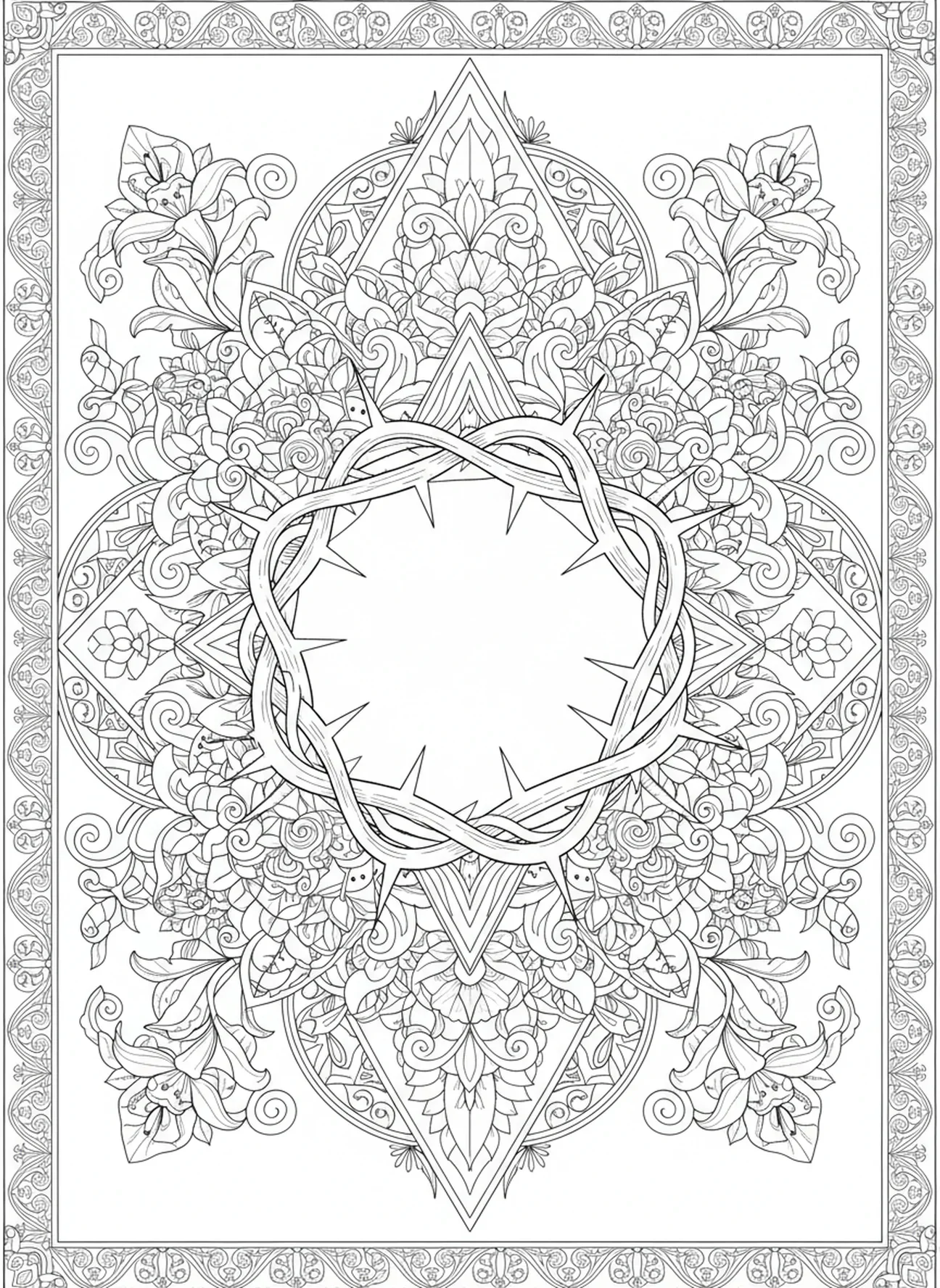 Große Dornenkrone, Ausmalbild zum Osterkreuz im Stil des Bibeljournaling für Erwachsene.