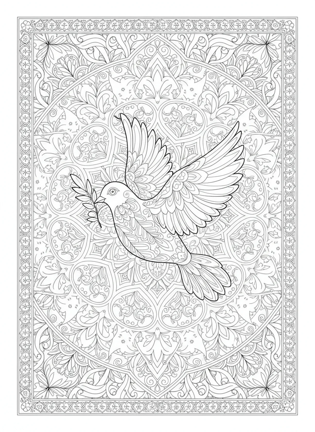 Taube mit Olivenzweig, Ausmalbild zum Thema Ostern für Erwachsene im Bibel-Journaling-Stil.