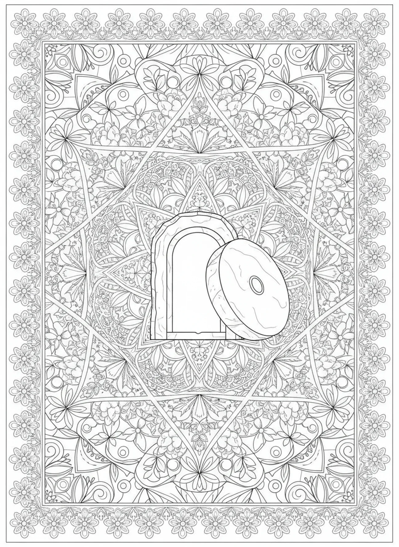 Offenes leeres Grab mit Stein, Osterkreuz Ausmalbild für Erwachsene im Bibel-Journaling-Stil.