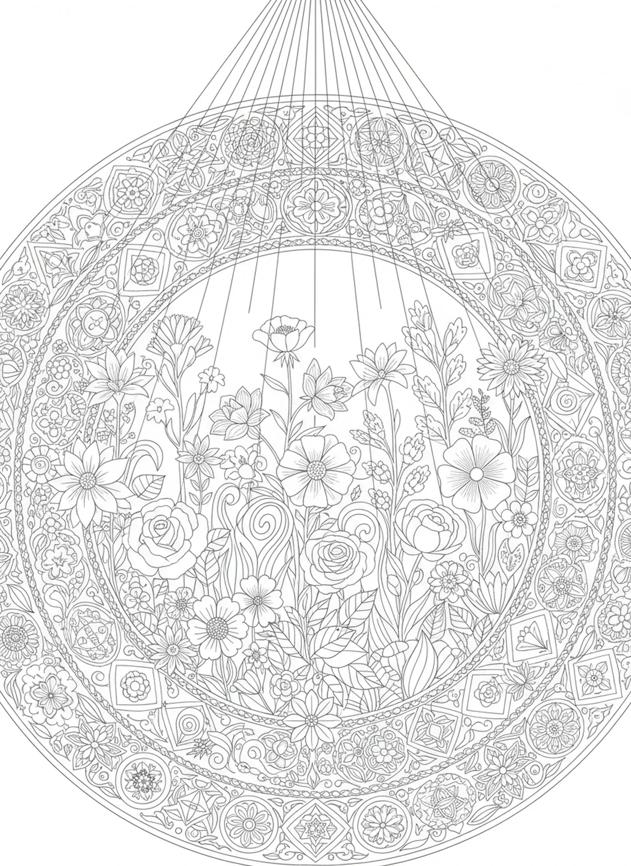 Strahlende Lichtstrahlen mit Blumen, Ausmalbild zum Osterkreuz für Erwachsene im Stil des Bibel-Journalings.