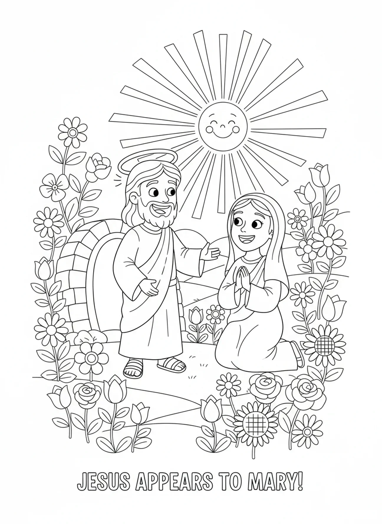 Jesus aparecendo para Maria Madalena, página de colorir da Cruz da Páscoa para crianças de 5 a 10 anos.