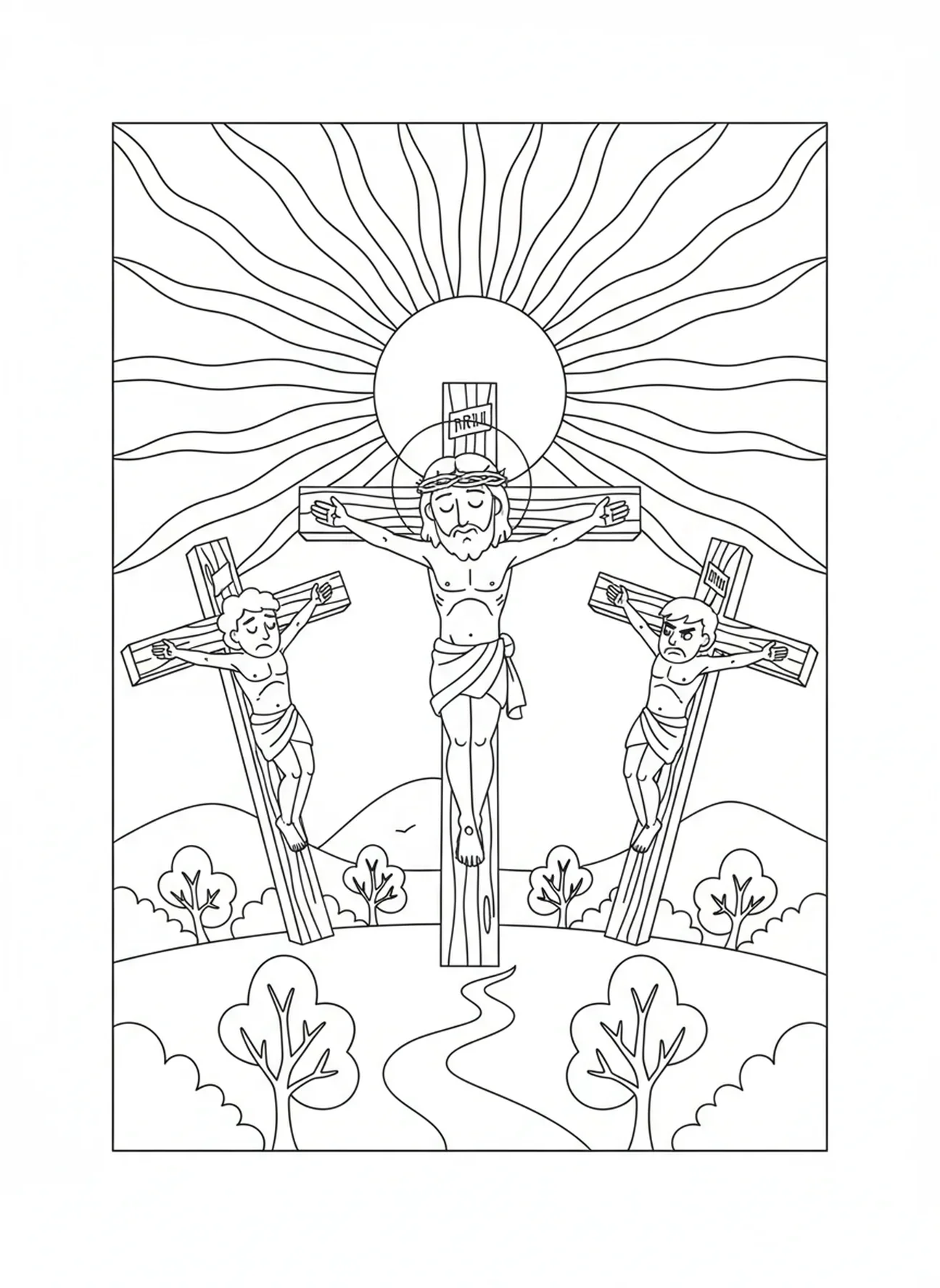 Jesus na cruz, página para colorir da Cruz da Páscoa para crianças de 5 a 10 anos.