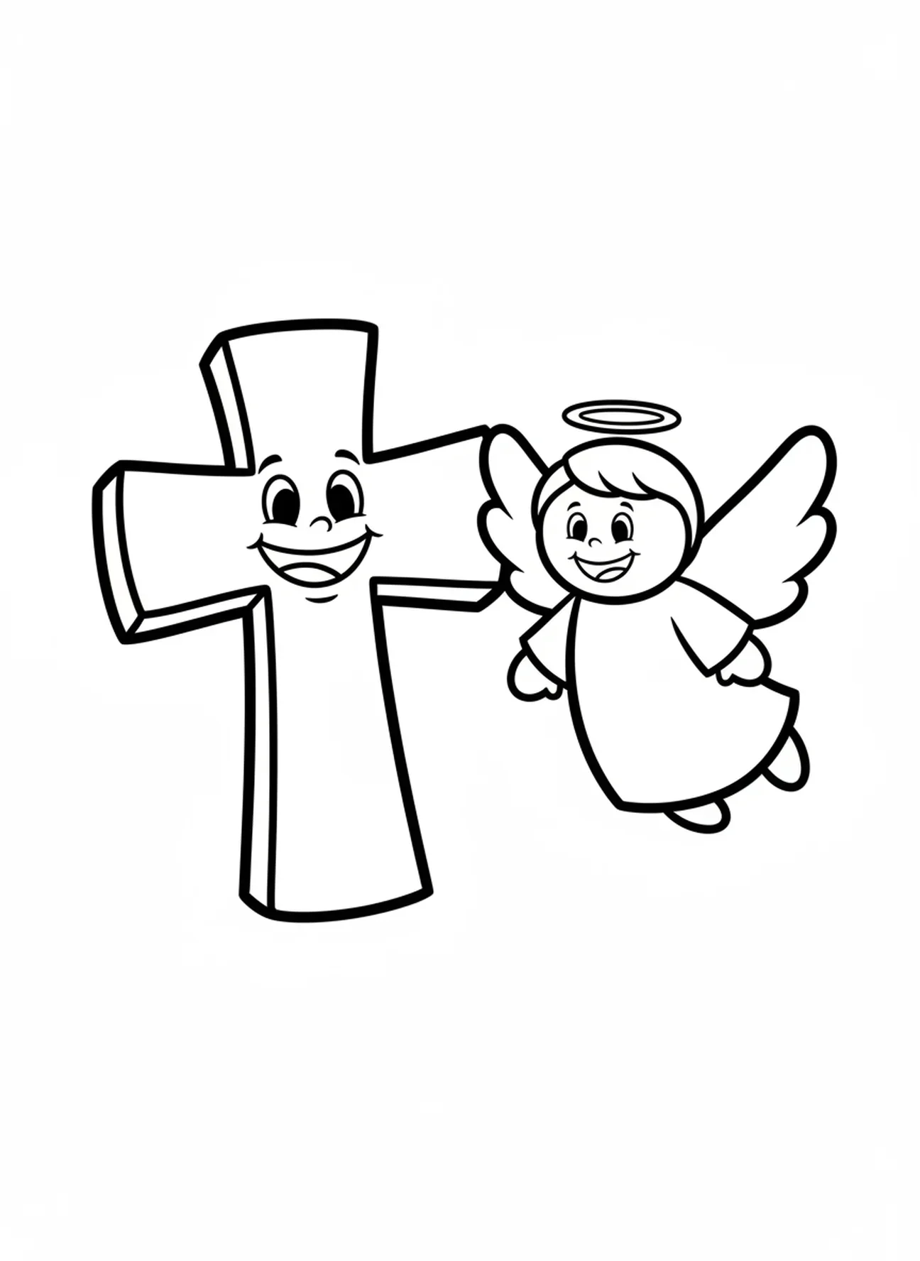 Anjo sorridente perto da cruz, página para colorir da Cruz da Páscoa para crianças de 3 a 5 anos