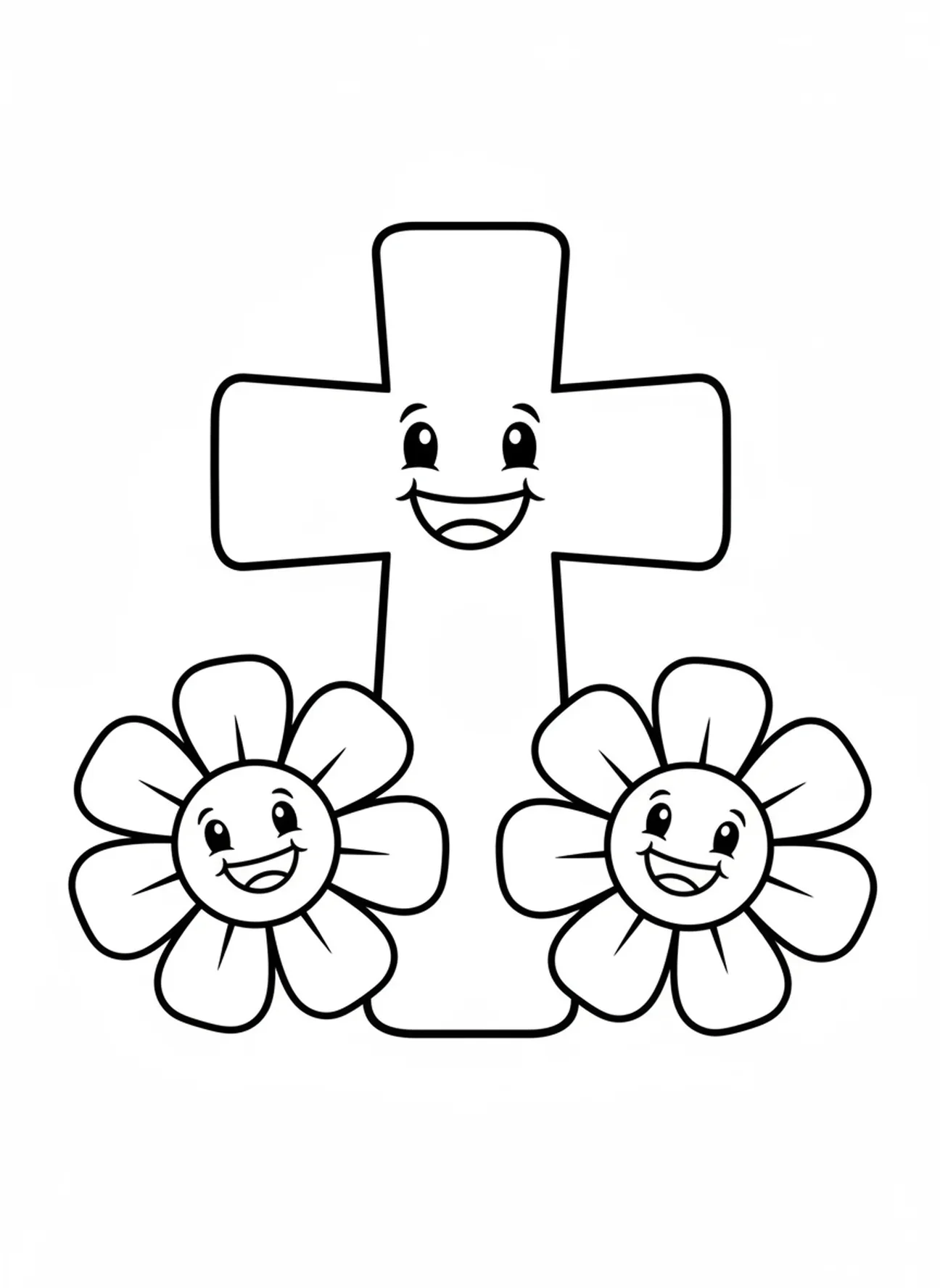 Cruz sorridente com flores, página de colorir da Cruz da Páscoa para crianças de 3 a 5 anos