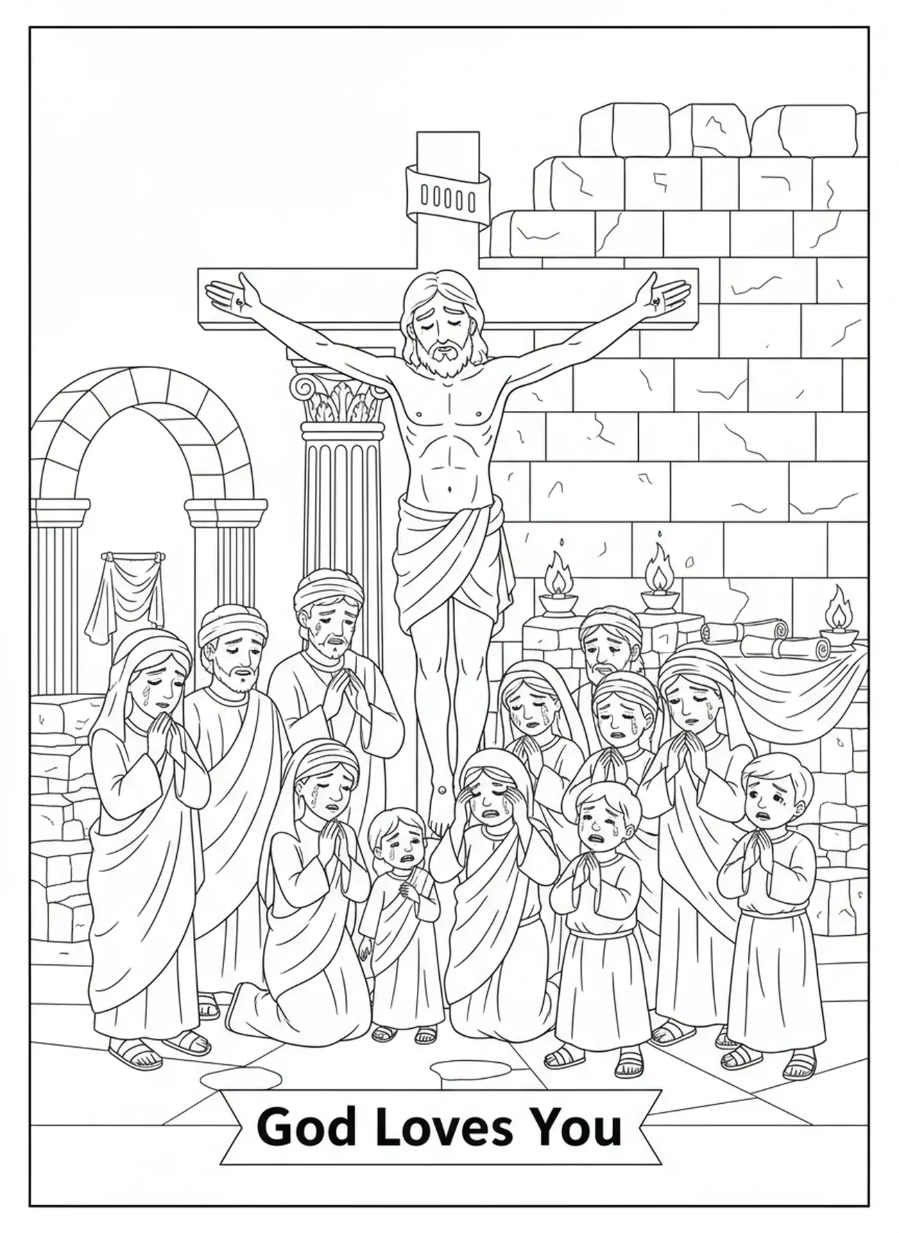 Jesus expirando seu último suspiro na cruz, página de colorir da Cruz da Páscoa para crianças da Escola Dominical de 5 a 12 anos.