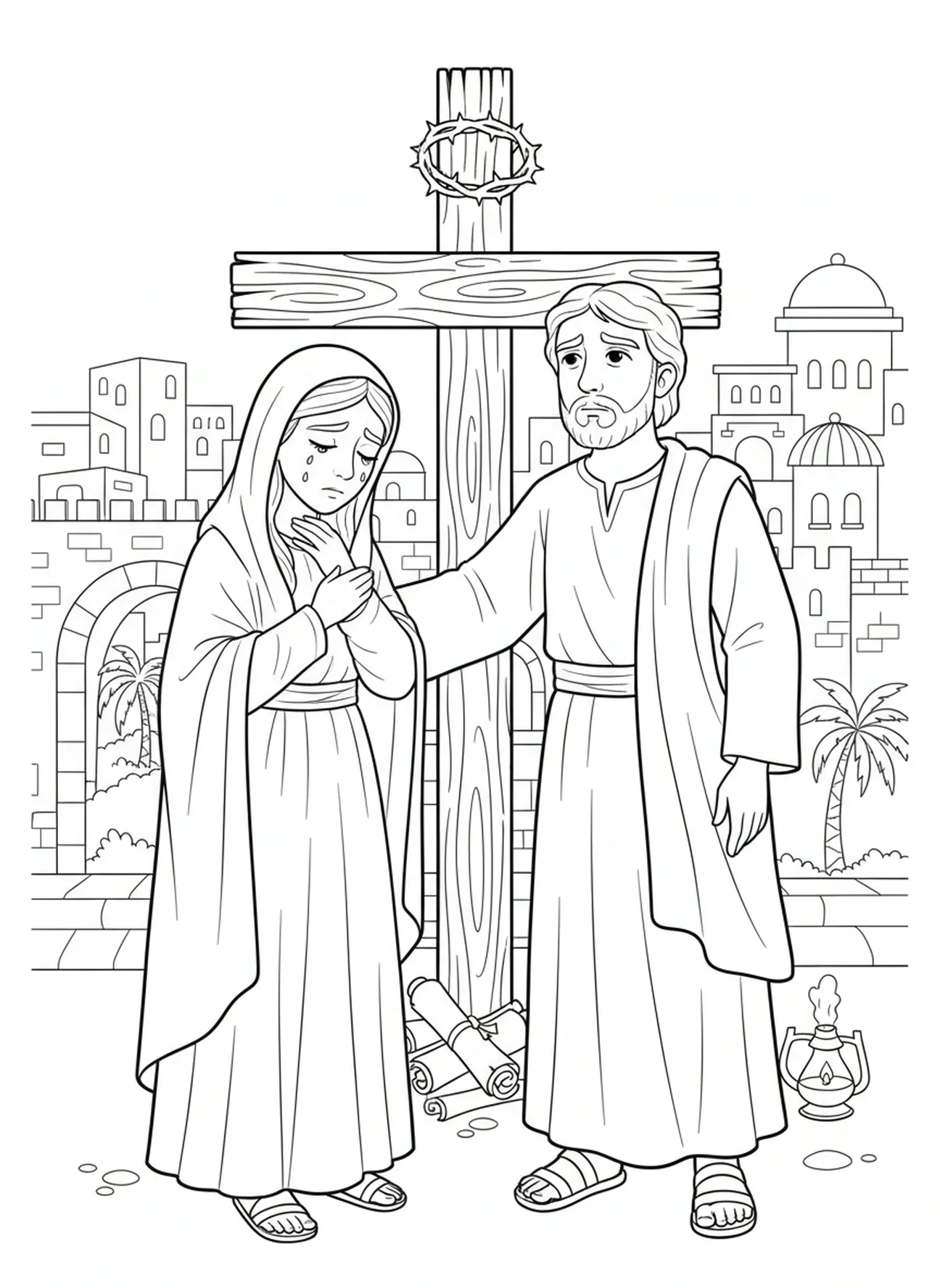 Maria e João ao pé da cruz, página de colorir da Cruz da Páscoa para crianças da Escola Dominical de 5 a 12 anos.