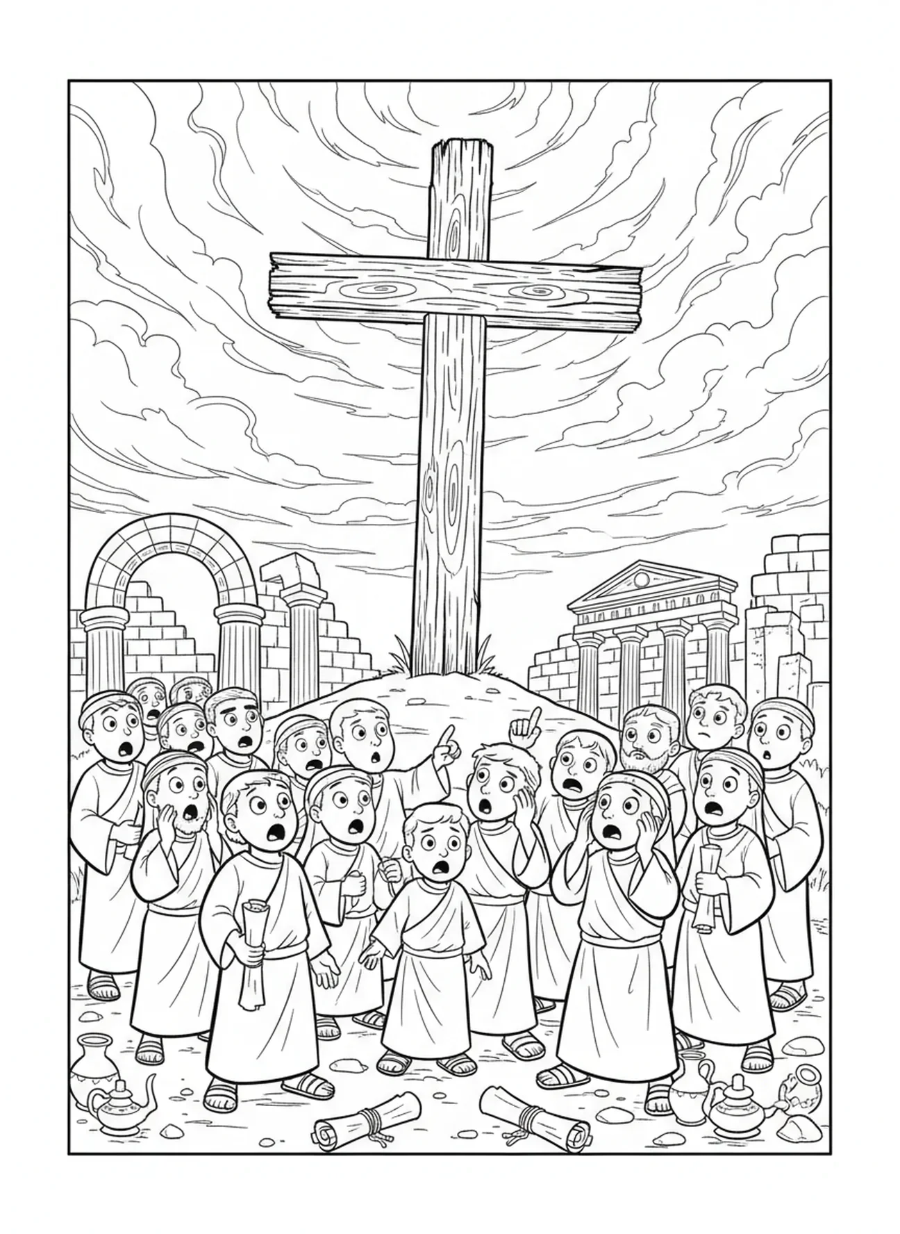 Céu escurecido durante a crucificação, página para colorir da Cruz da Páscoa para crianças da Escola Dominical de 5 a 12 anos.
