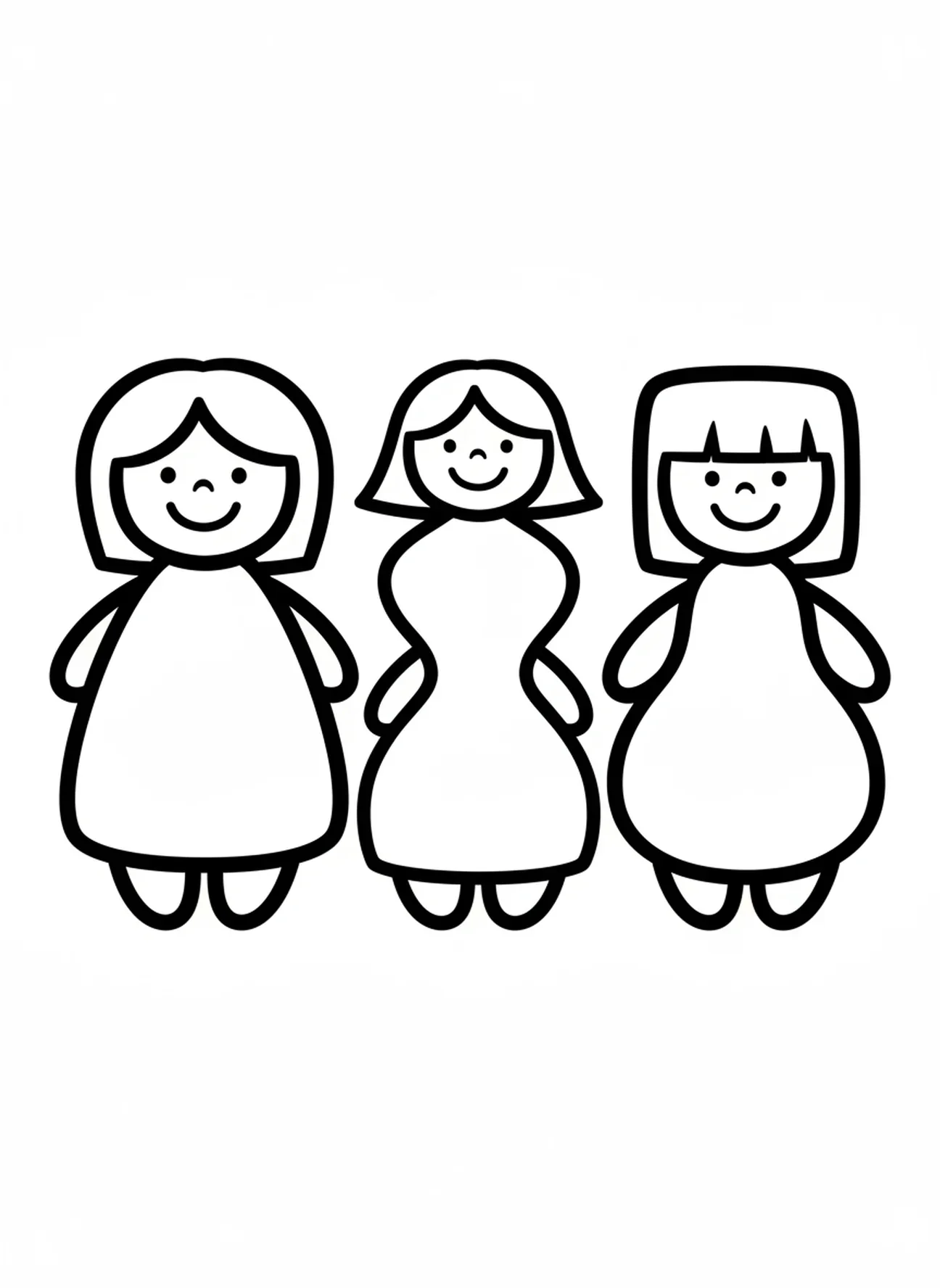 Trois figures de femmes simples, page à colorier de Pâques pour les tout-petits de 2 à 3 ans