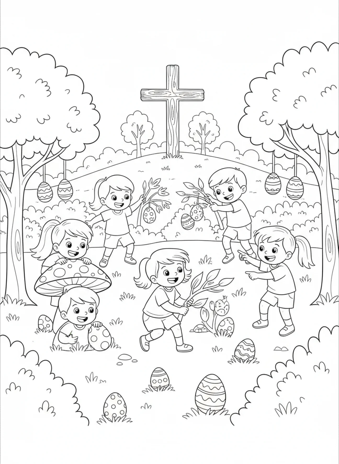 Grupo de crianças em uma caça aos ovos de Páscoa, página de colorir religiosa para crianças de 5 a 10 anos.