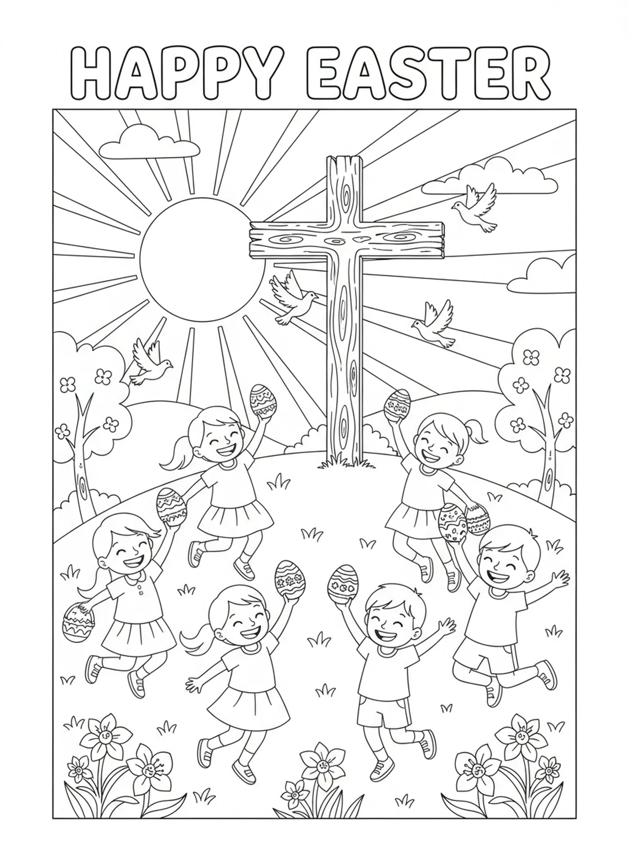 Crianças celebrando a Páscoa ao pôr do sol, página de colorir religiosa com ovos de Páscoa para crianças de 5 a 10 anos.