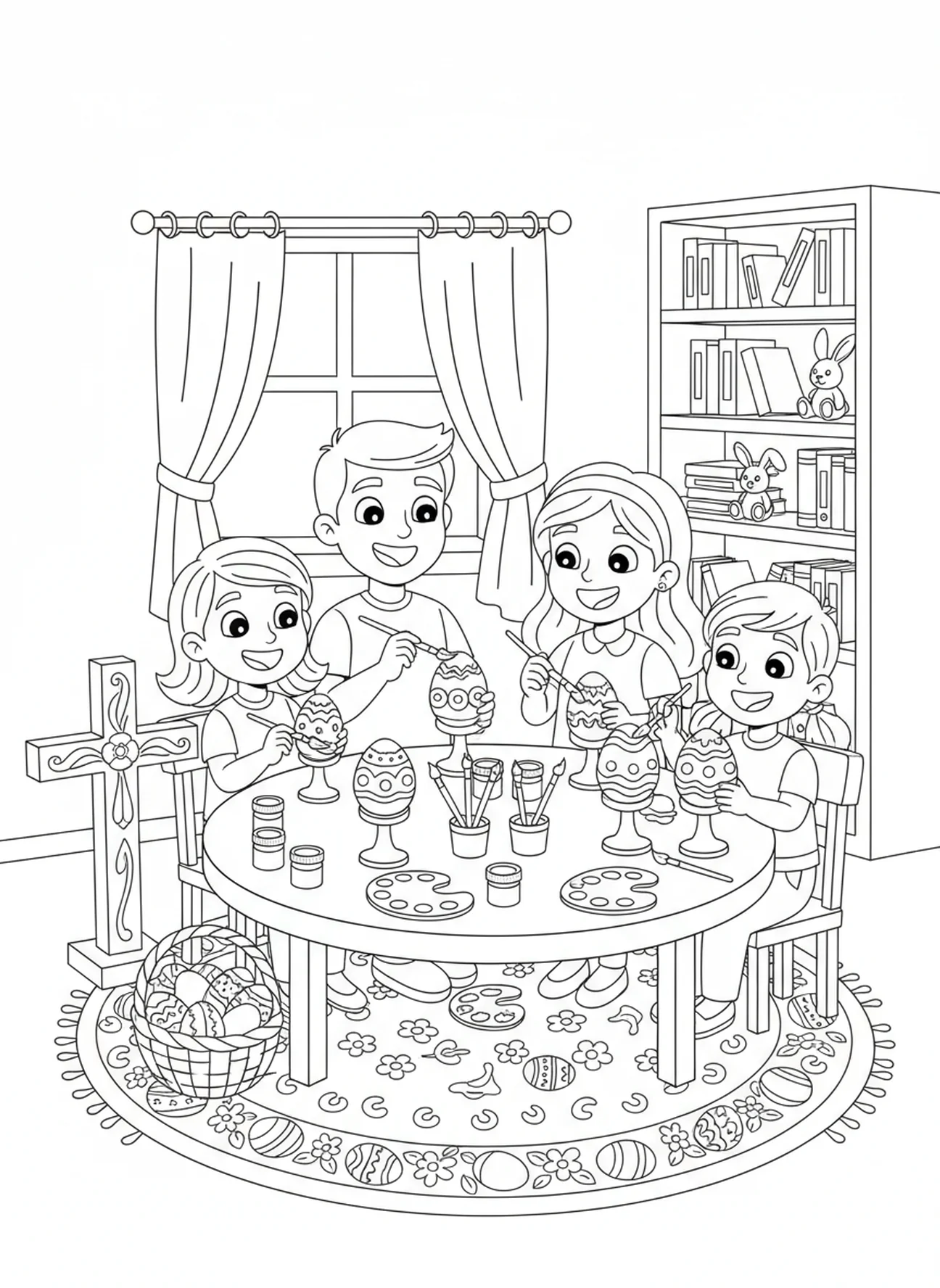 Família feliz pintando ovos, página de colorir religiosa de Ovos de Páscoa para crianças de 5 a 10 anos.