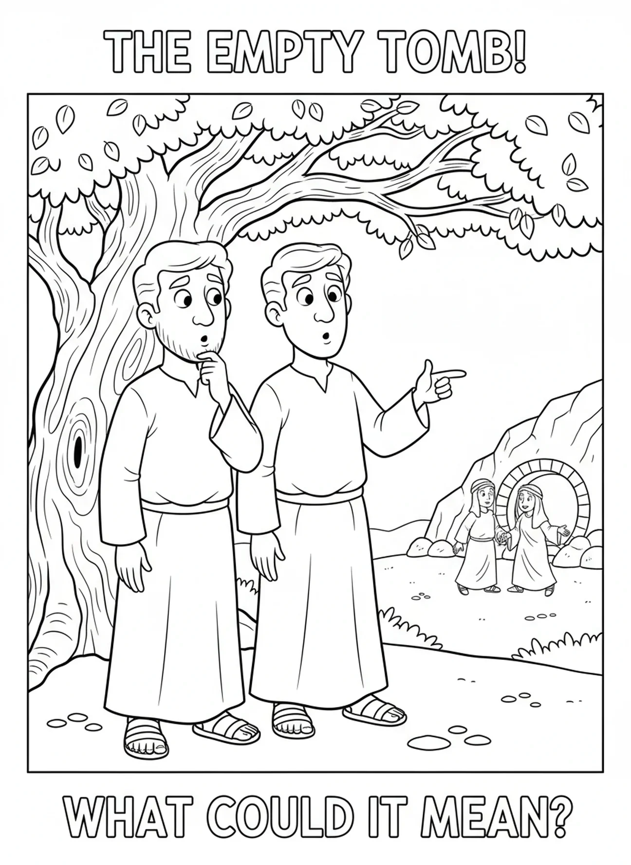 Deux disciples en réflexion, page à colorier de la Croix vide de Pâques pour les enfants de 5 à 10 ans