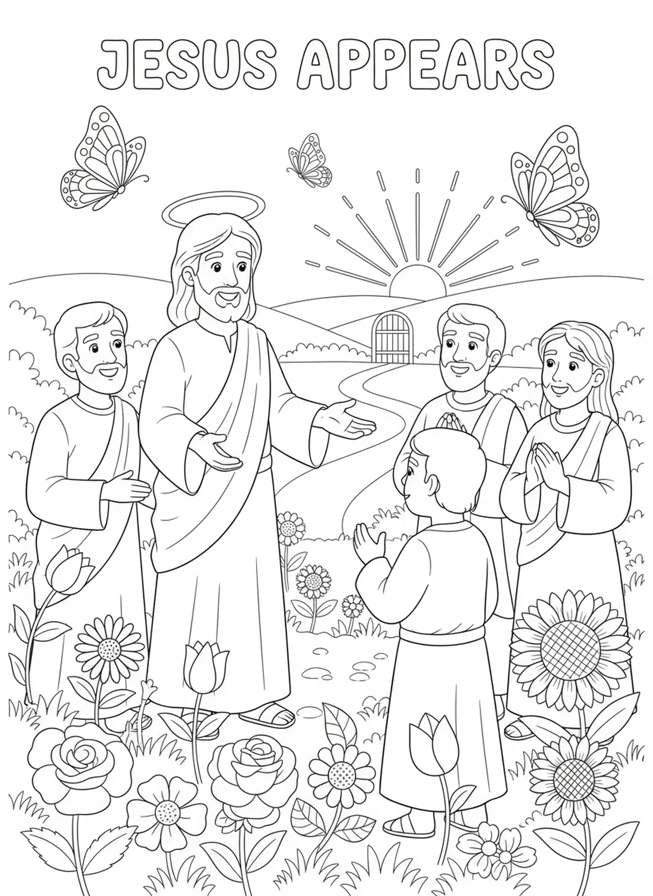 Jésus souriant aux disciples, page à colorier de la Croix vide de Pâques pour les enfants de 5 à 10 ans