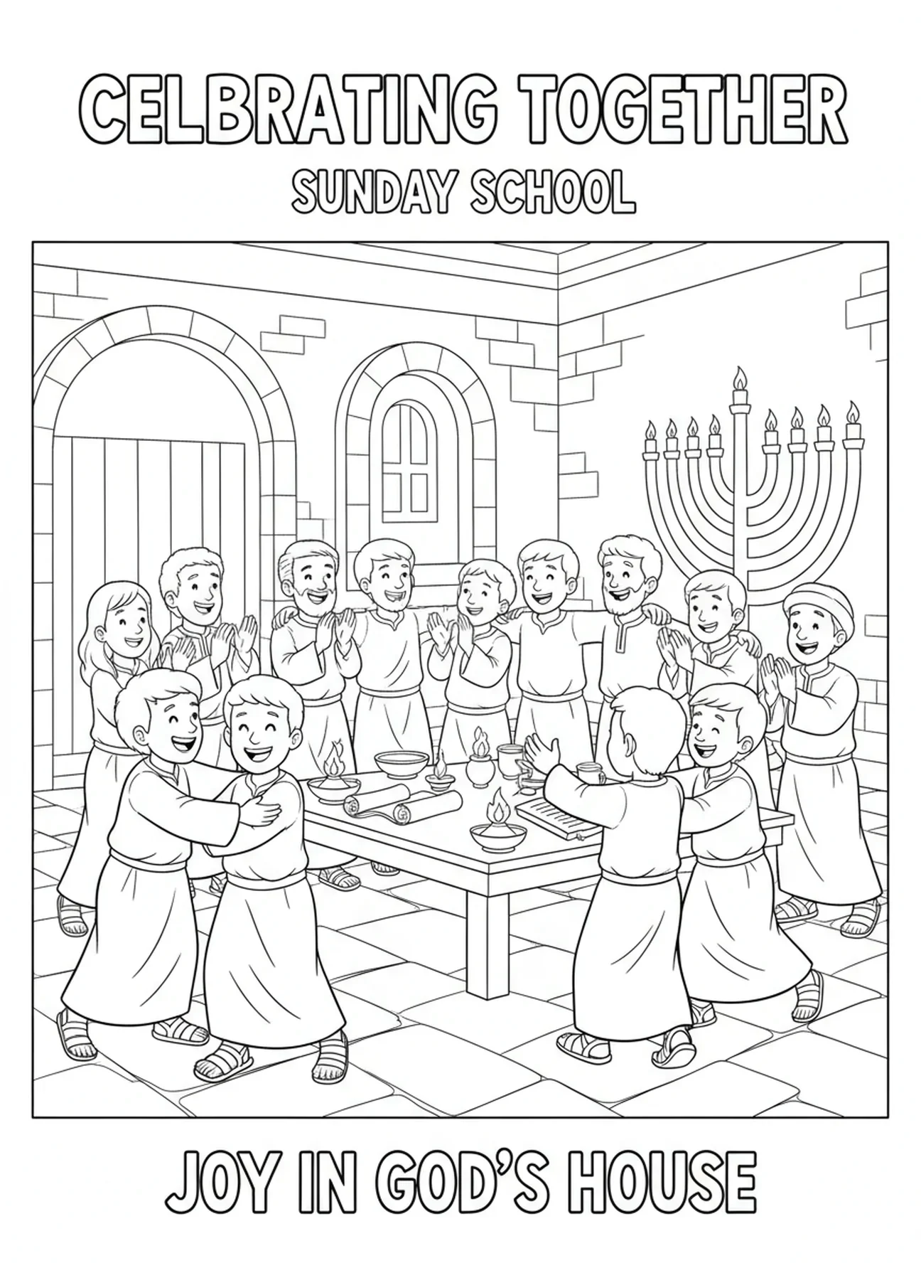 Discípulos celebrando a ressurreição, página para colorir da Cruz Vazia de Páscoa para crianças da Escola Dominical de 5 a 12 anos.